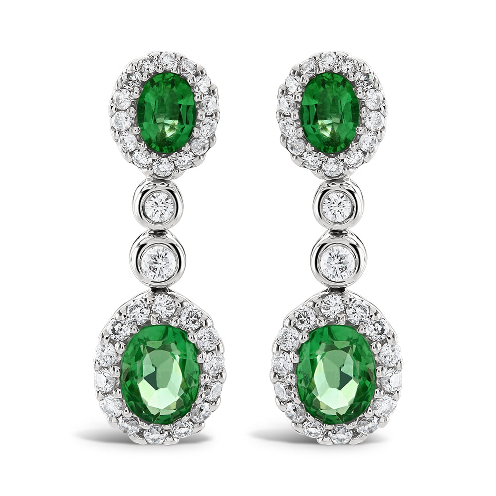 18ct White Gold Oval Cut Emerald & Diamond Cluster Drop Earrings