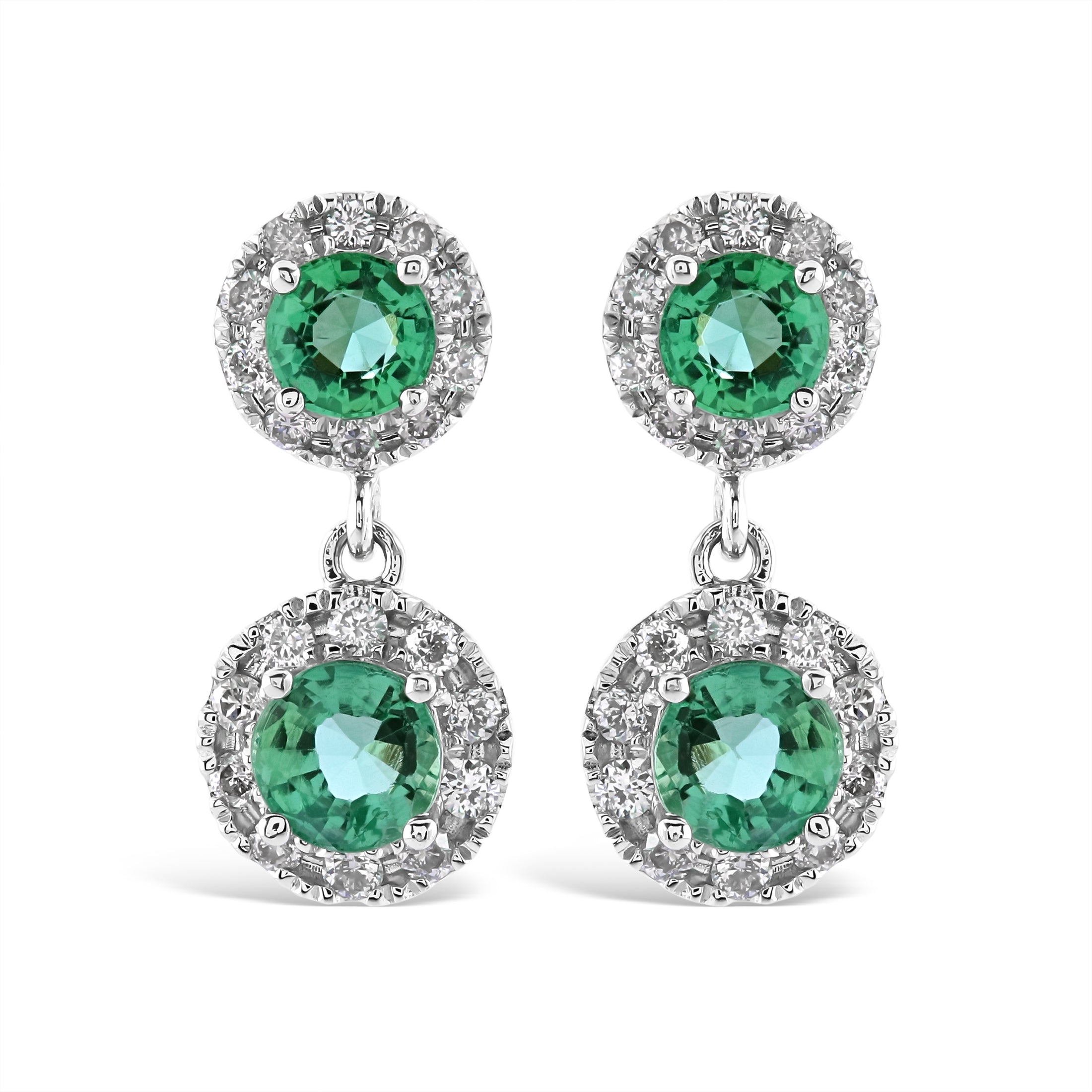 18ct White Gold Round Cut Emerald & Diamond Cluster Drop Earrings