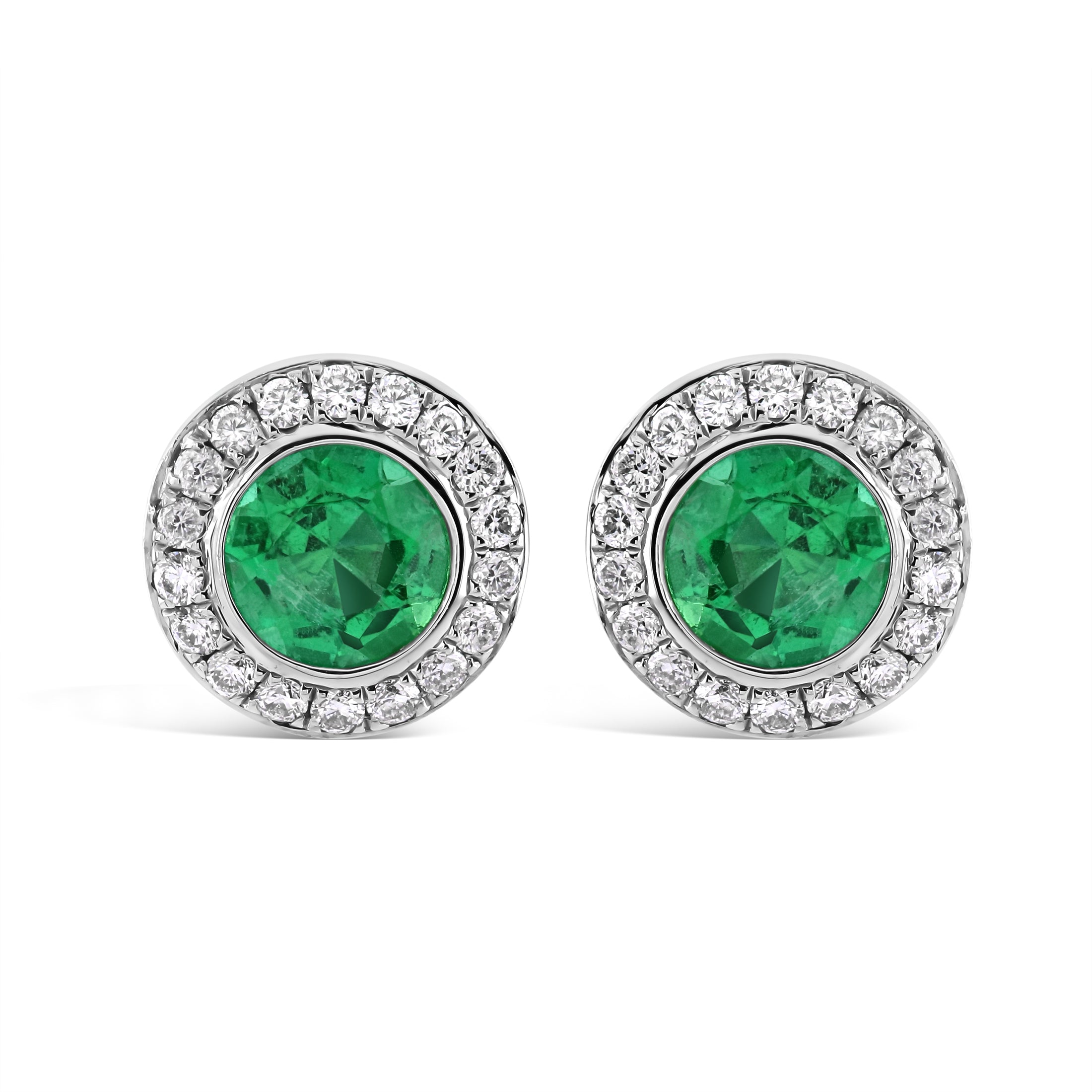 18ct White Gold Round Cut Emerald & Diamond Halo Cluster Stud Earrings