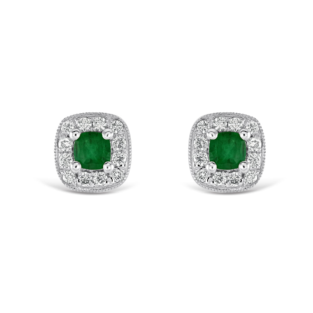 18ct White Gold Millegrain Set Round Cut Emerald & Diamond Cushion Cluster Stud Earrings