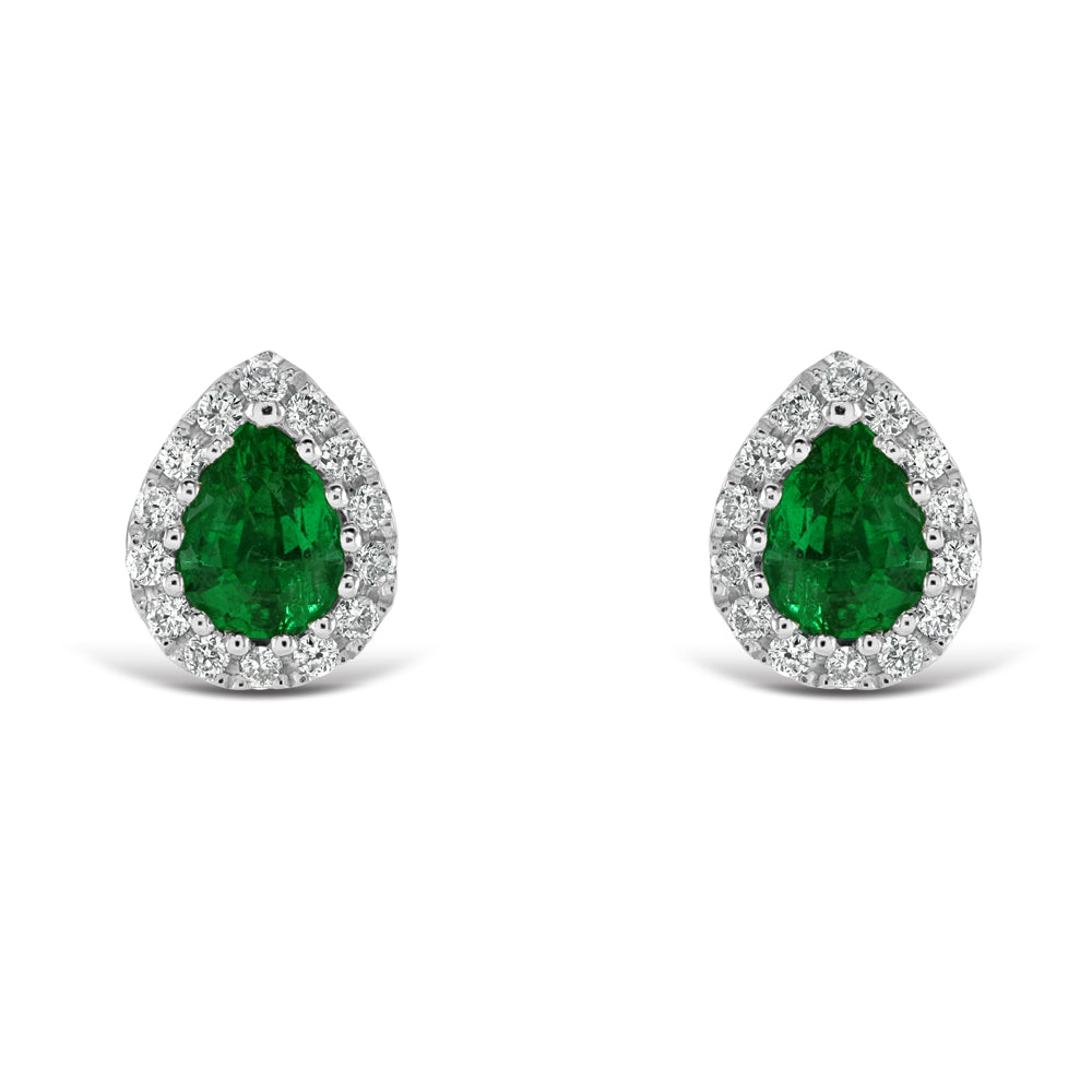 18ct White Gold Pear Cut Emerald & Diamond Cluster Stud Earrings