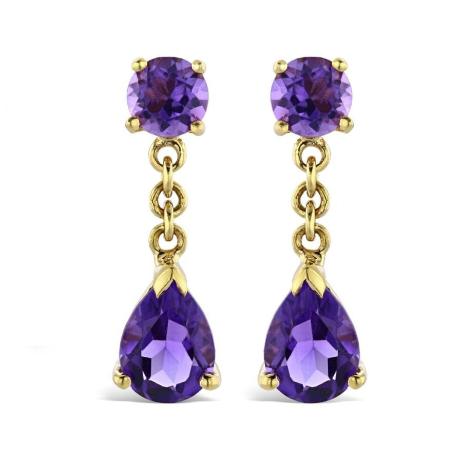 18ct Yellow Gold Pear & Round Cut Amethyst Drop Earrings