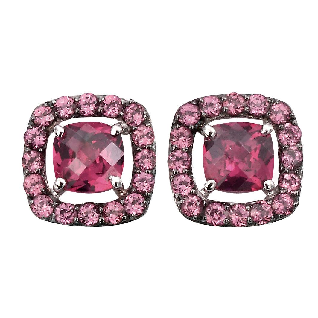 9ct White Gold Cushion Cut Brazilian Garnet Halo Cluster Stud Earrings