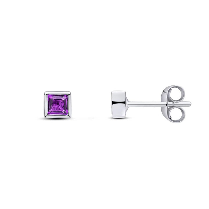 9ct white gold small square Amethyst rubover-set stud earrings