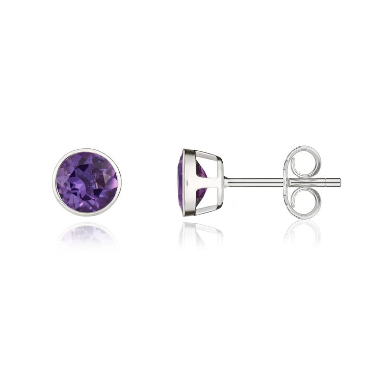 9CT White Gold Round Amethyst Rubover Stud Earrings 5mm