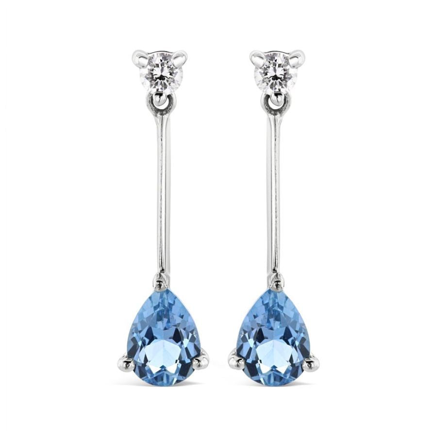 18ct White Gold Pear Cut Aquamarine & Diamond Long Drop Earrings