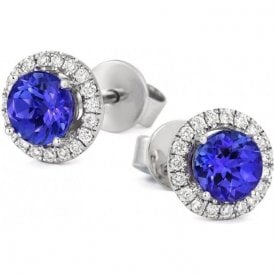 18ct White Gold Round Tanzanite & Diamond Halo Cluster Earrings