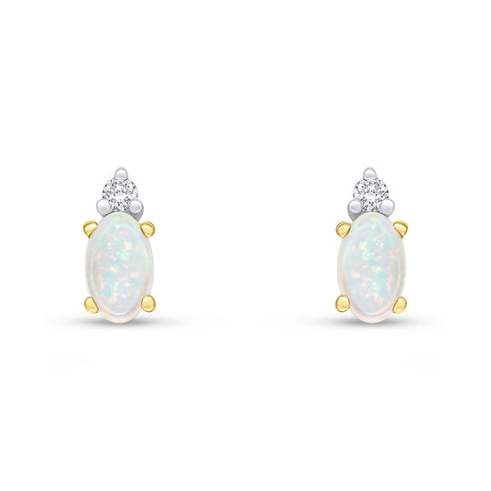 18ct Yellow Gold Oval Opal & Round Diamond Two Stone Stud Earrings 5x3mm