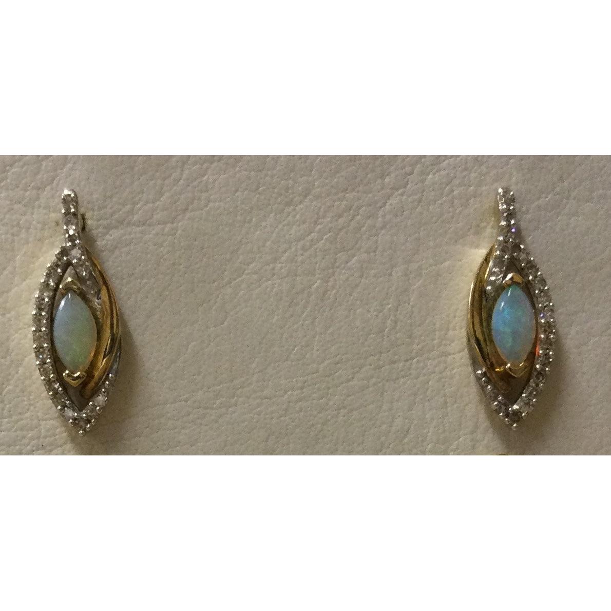 9ct gold 6x3mm marquise shape opal & diamond set drop earrings 0.15ct