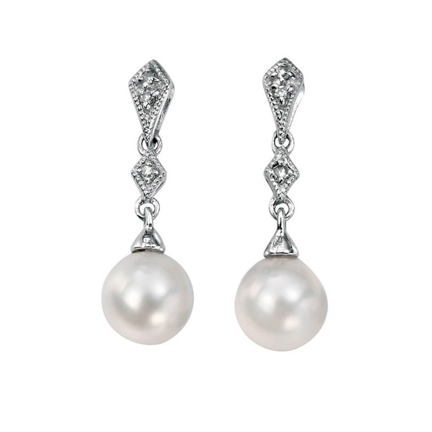 9ct White Gold Freshwater Pearl and Diamond drop earrings