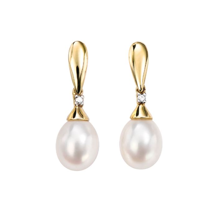 9ct Yellow Gold Freshwater Pearl & Diamond Drop Earring