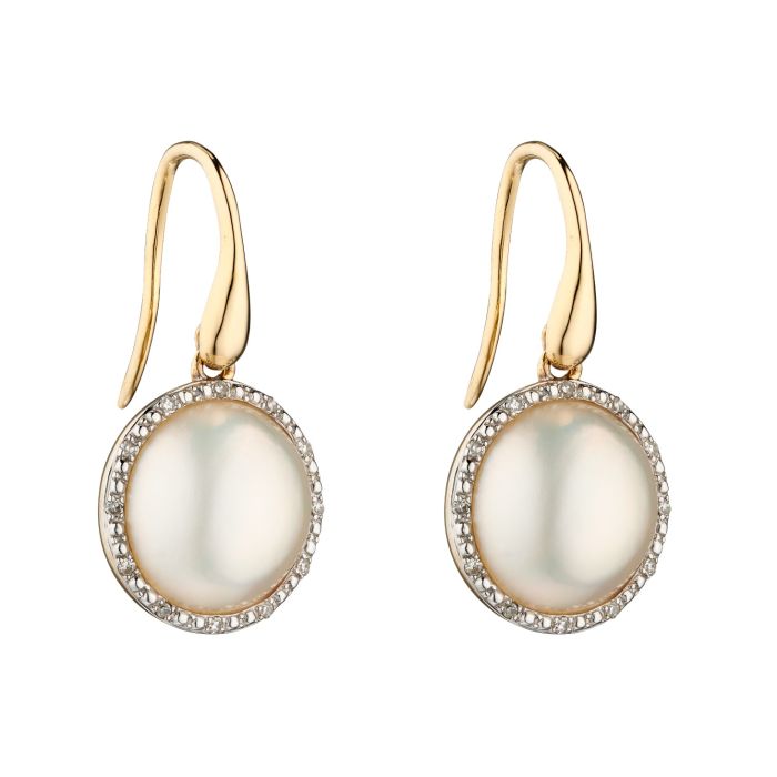 9ct Yellow Gold Mabe Pearl & Diamond Drop Earrings