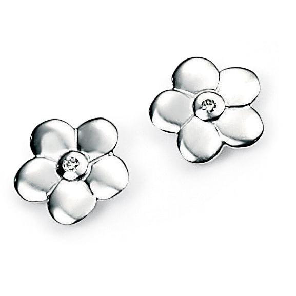 Silver Diamond Set Flower Stud Earrings