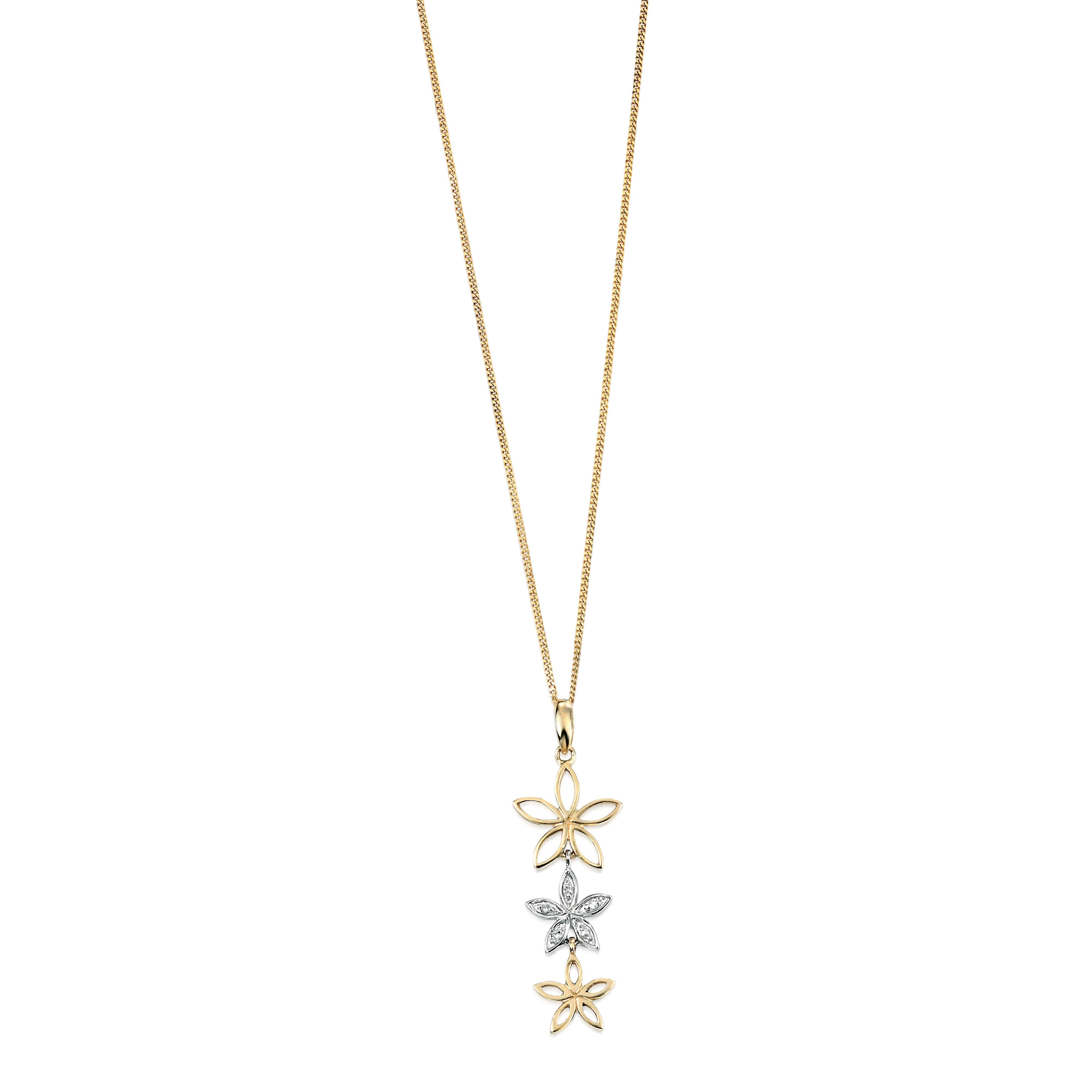 9ct Yellow & White Gold Diamond Set Triple Flower Drop Pendant