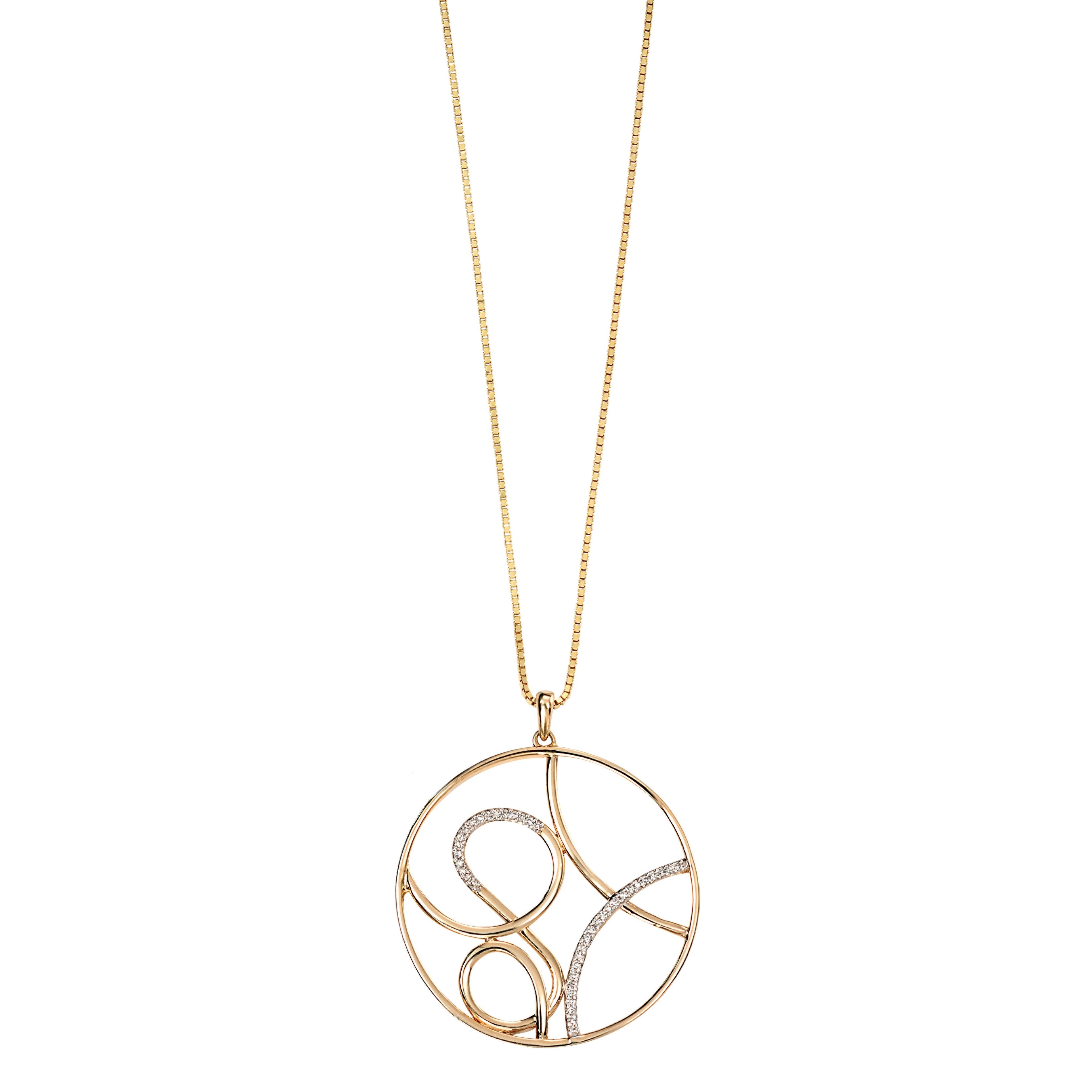 9ct Yellow Gold Diamond Set Round Scroll Pattern Pendant & Chain