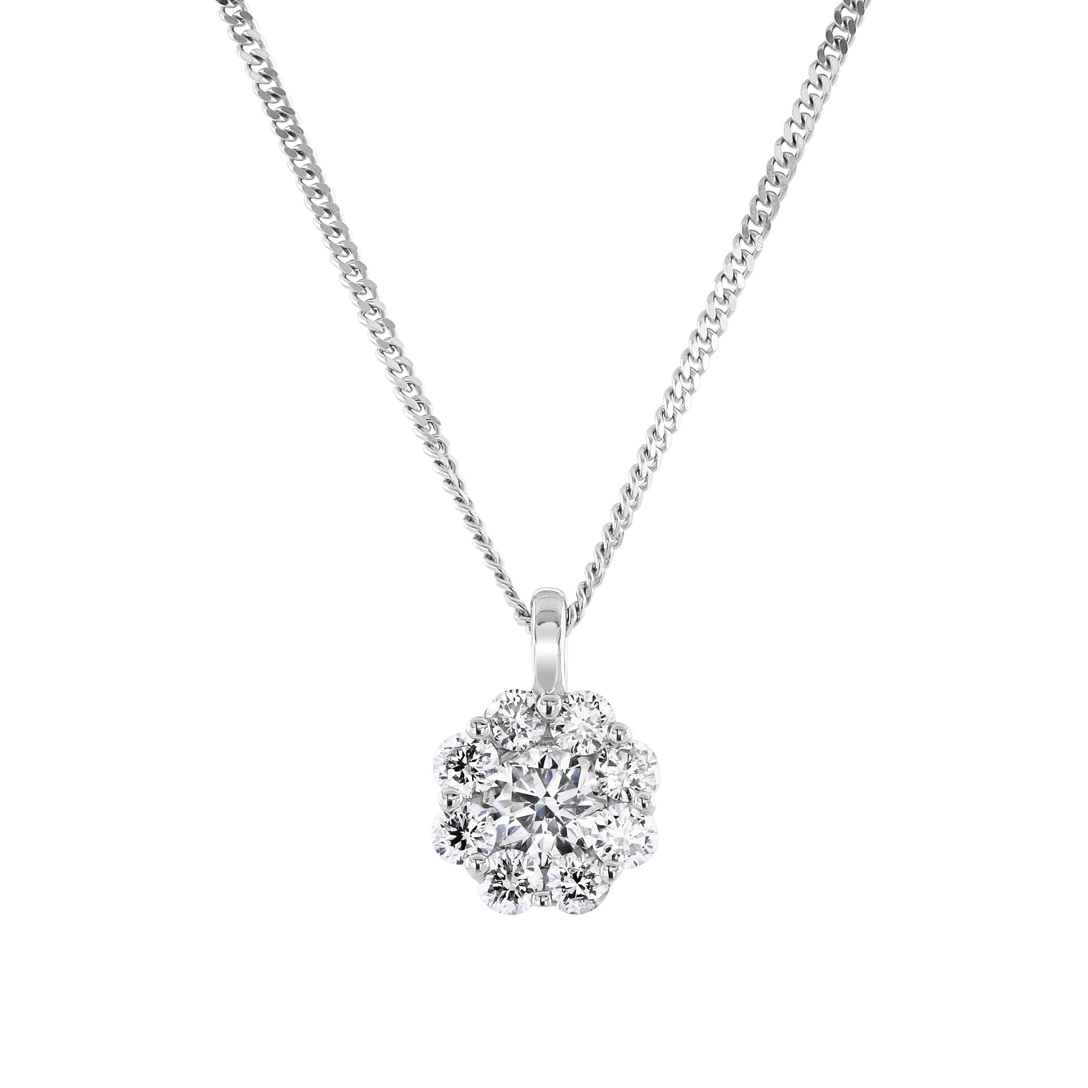 9ct White Gold 0.50ct Round Brilliant Cut Diamond Flower Cluster Pendant & Chain