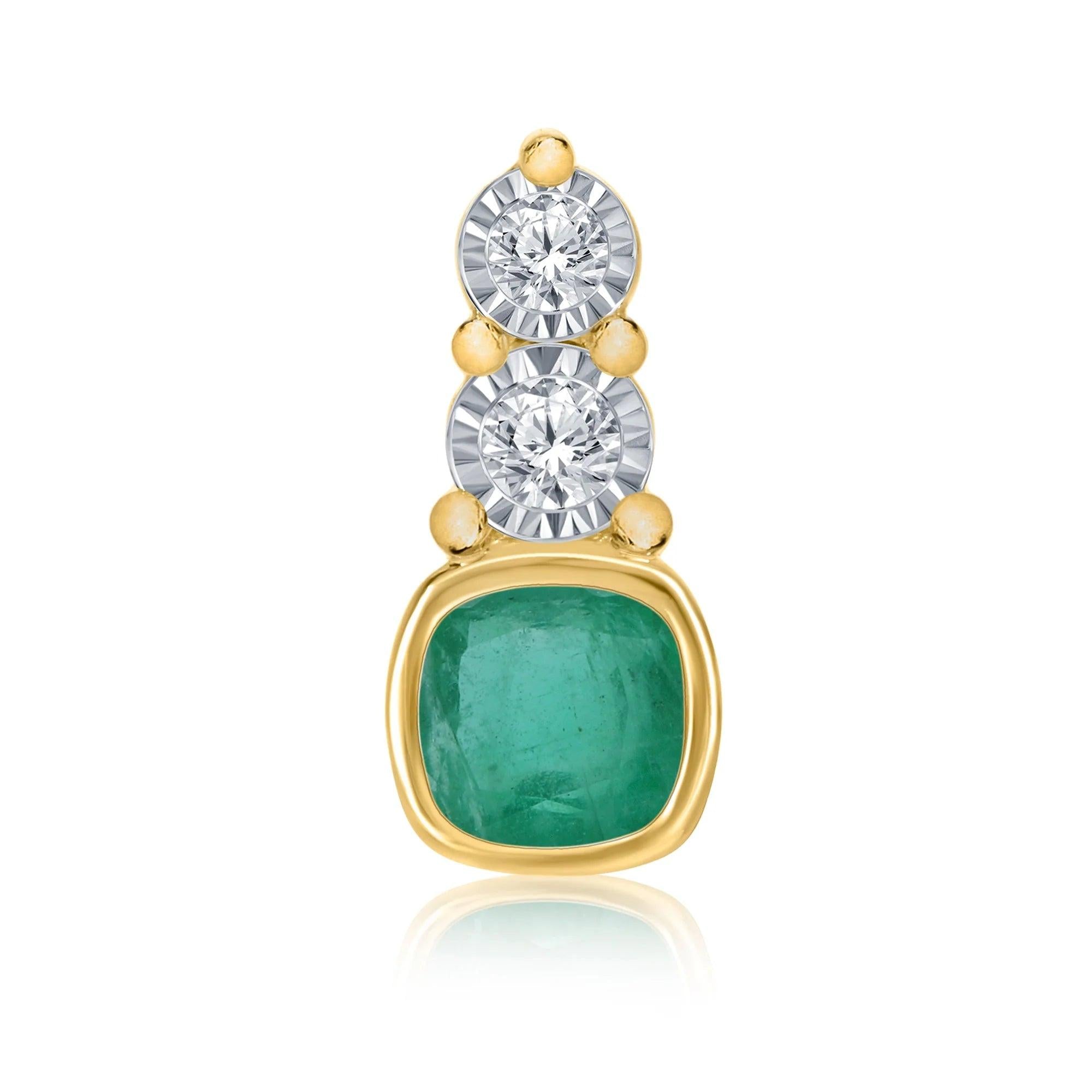 9ct Yellow Gold cushion emerald and two diamond pendatnt. Pendant ONLY