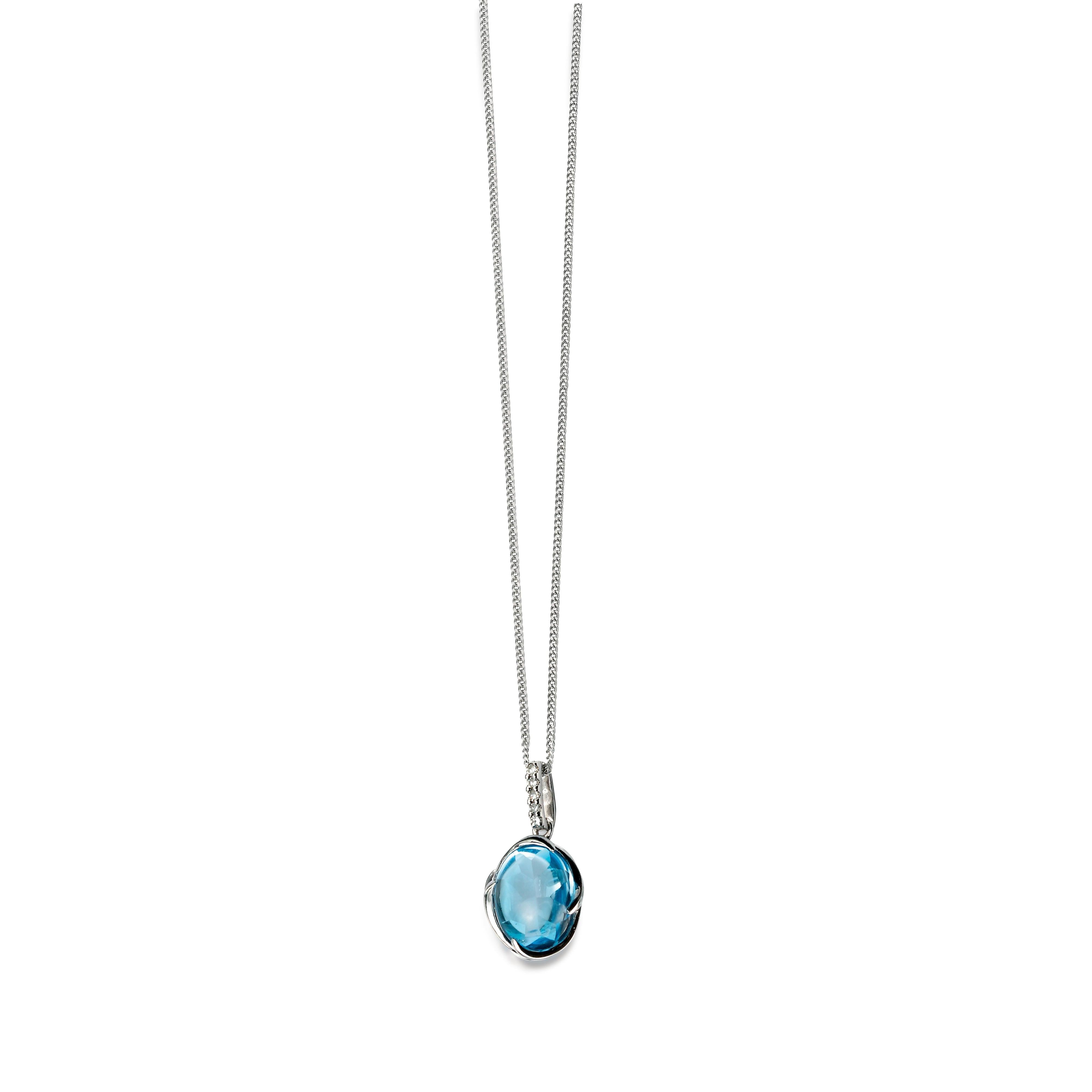 9ct White Gold Cabachon Blue Topaz & Diamond Pendant