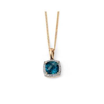 9ct Yellow Gold Checkerboard London Blue Topaz & Diamond Pendant