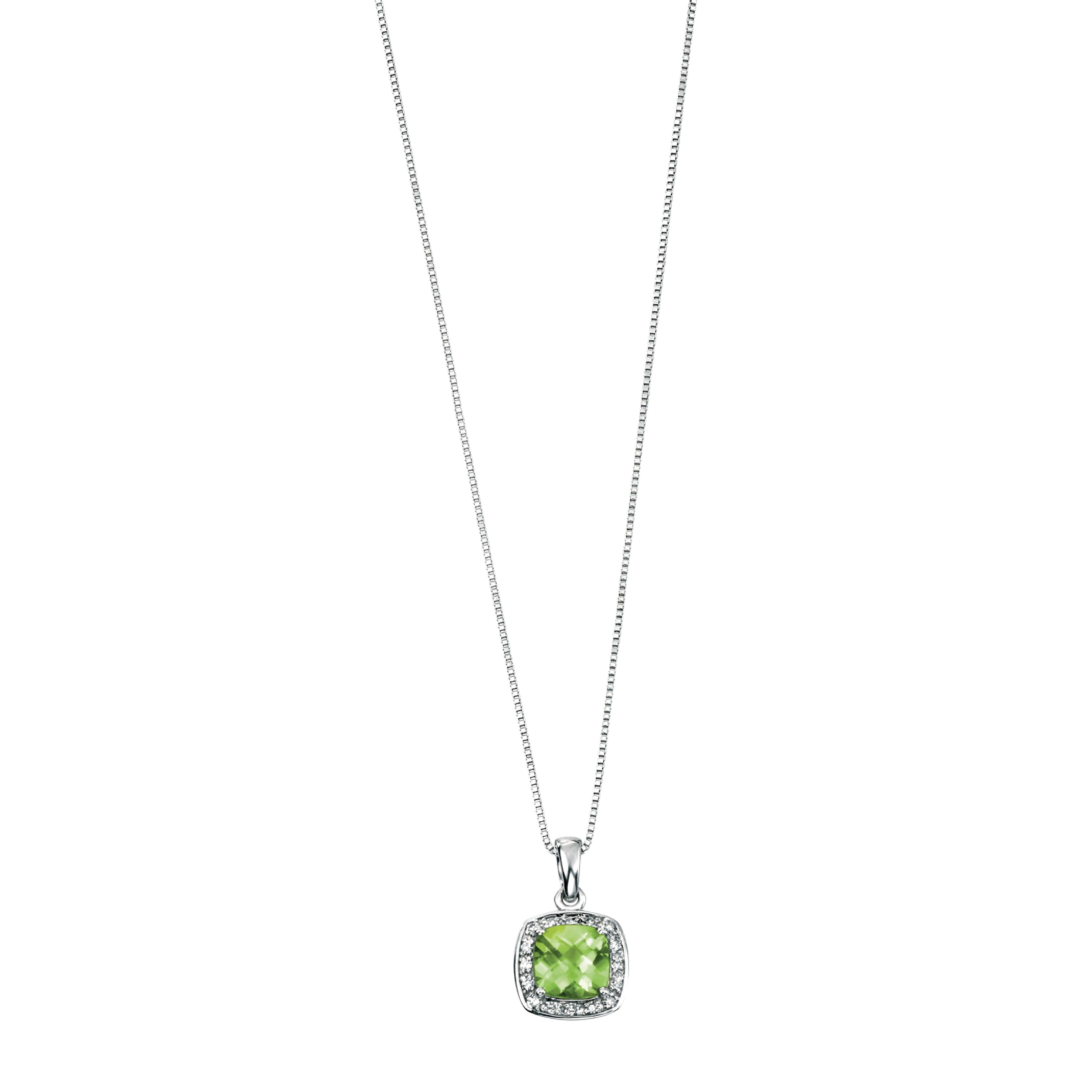 9ct White Gold Cushion Cut Peridot & Diamond Halo Cluster Pendant9ct White Gold Cushion Cut Peridot