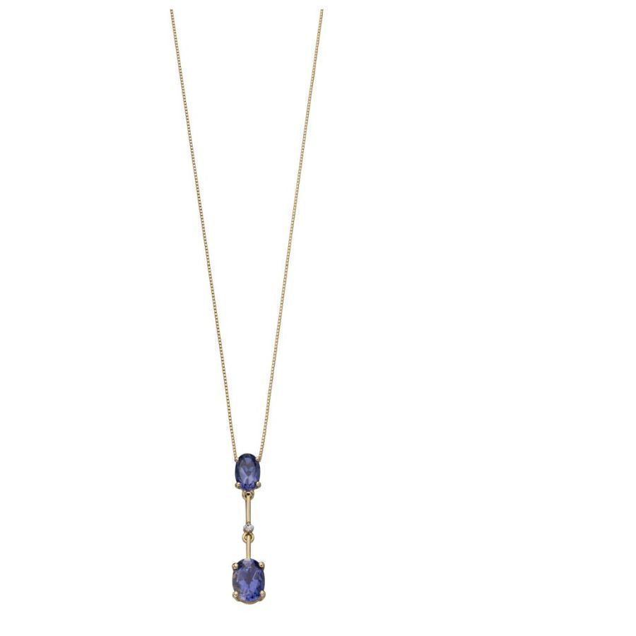 9ct Yellow Gold Oval Cut Iolite & Diamond Pendant