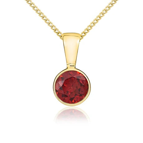 9CT Yellow Gold Round Garnet Rubover Pendant 5mm