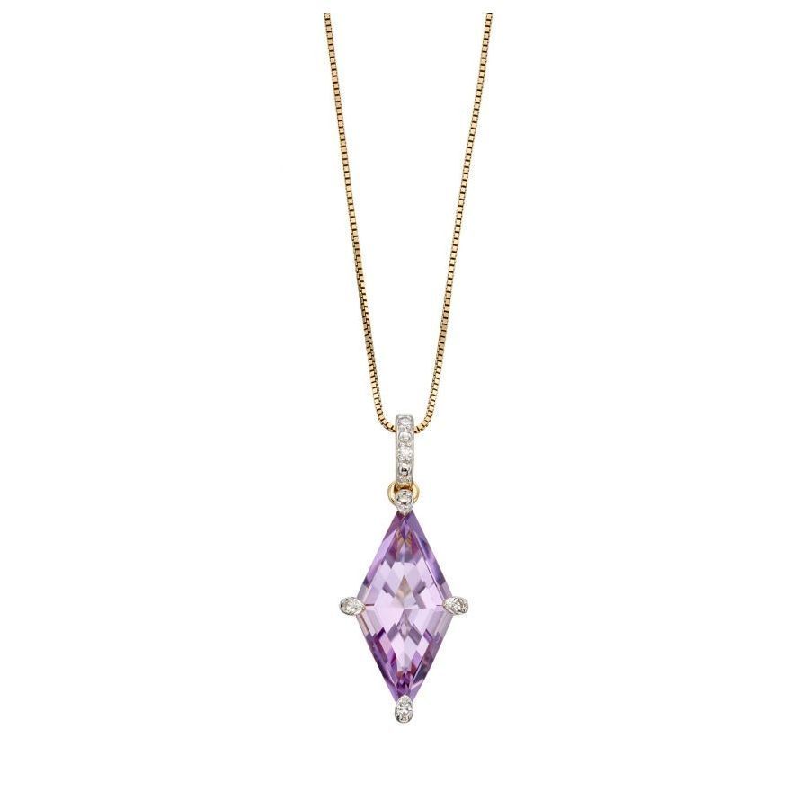 9ct Yellow Gold Kite Shaped Amethyst & Diamond Pendant
