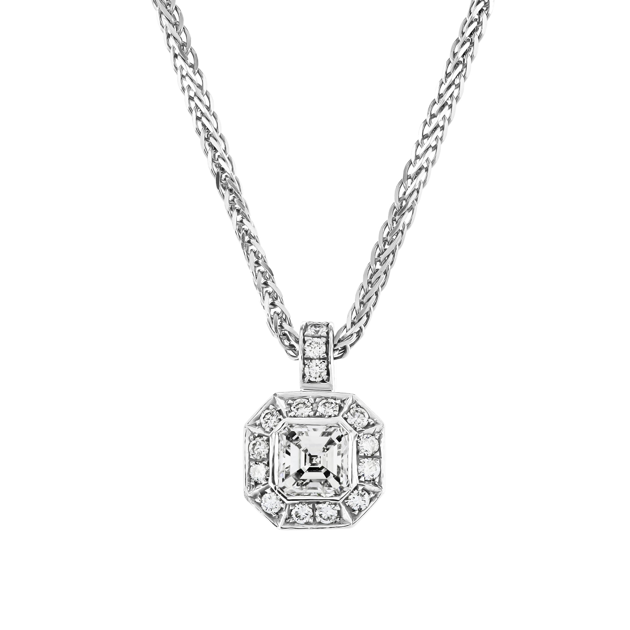 18ct White Gold Asscher Cut Diamond Octagonal Halo Cluster Pendant