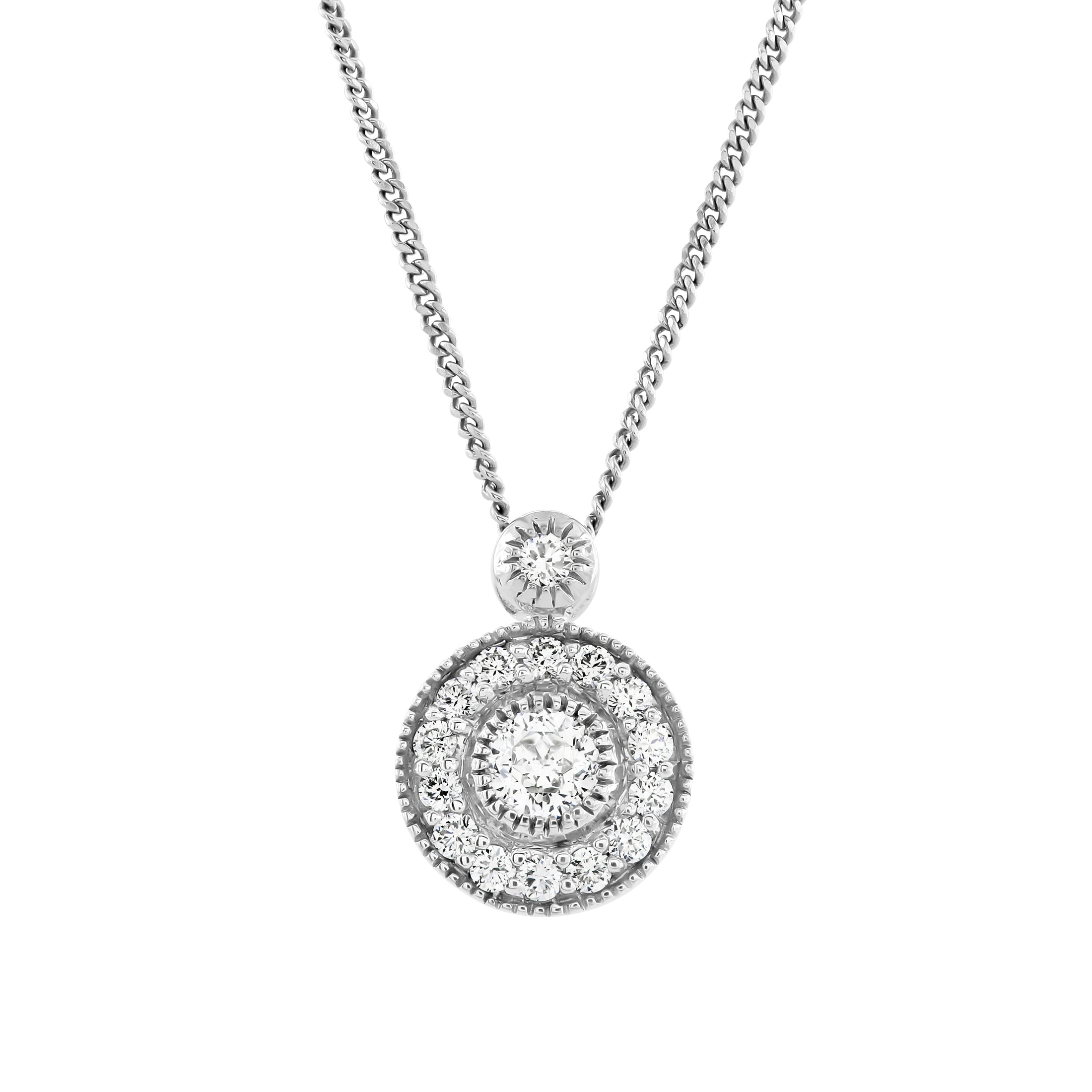 18ct White Gold Round Brilliant Cut Diamond Halo Cluster Pendant & Chain