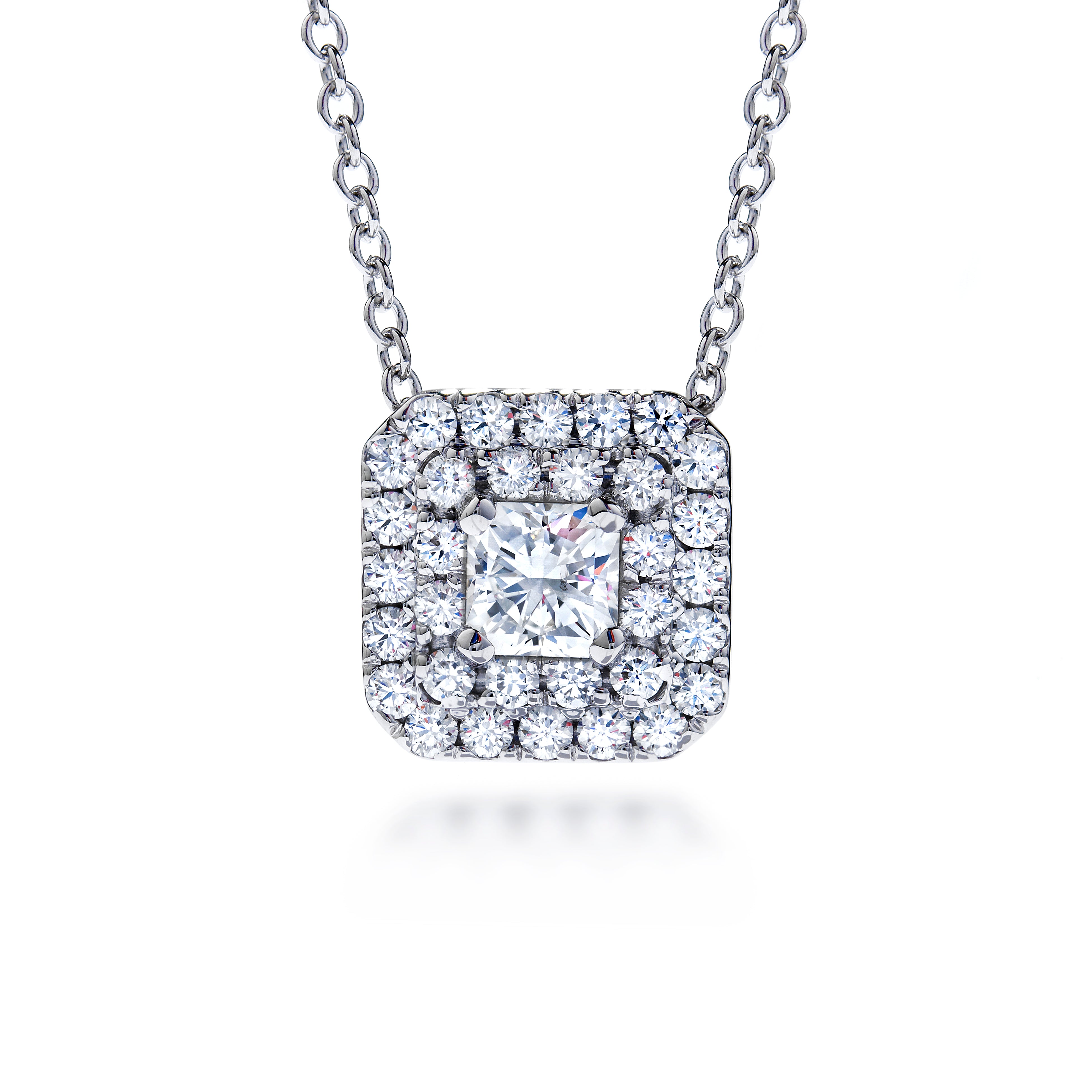 18ct White Gold Transcend Diamond Set Double Halo Pendant & Chain