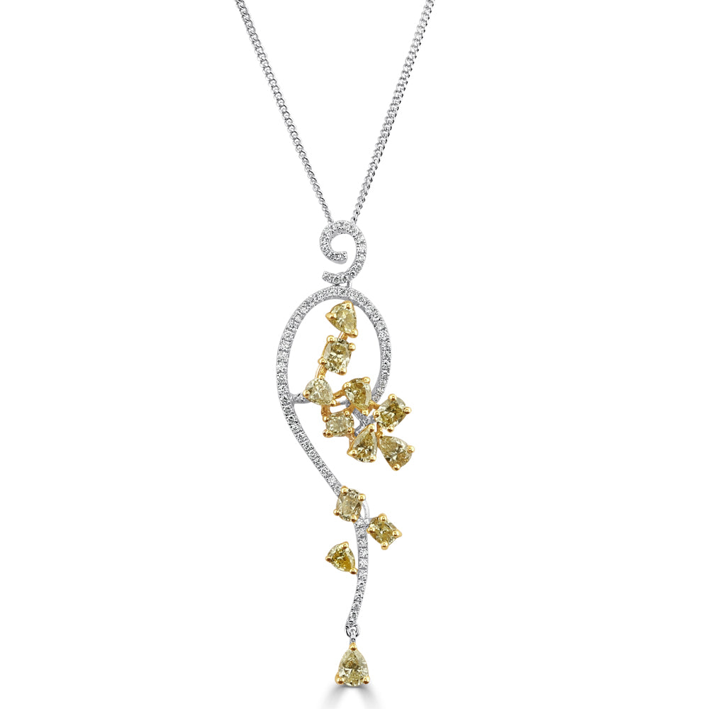 18ct White Gold Fancy Yellow Diamond & Round Brilliant Cut Diamond Drop Pendant