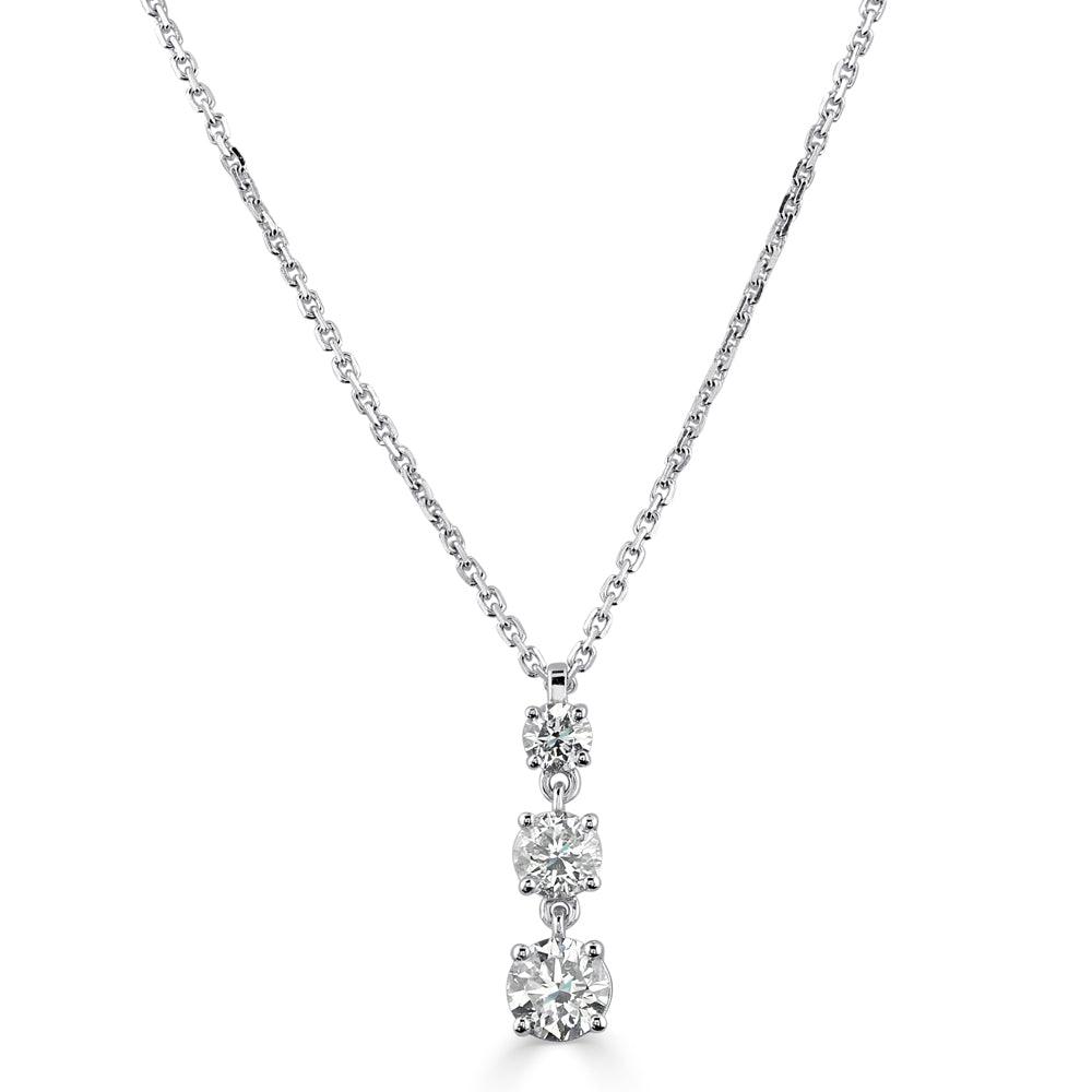 18ct White Gold Round Brilliant Cut Diamond Graduated Drop Pendant & Chain