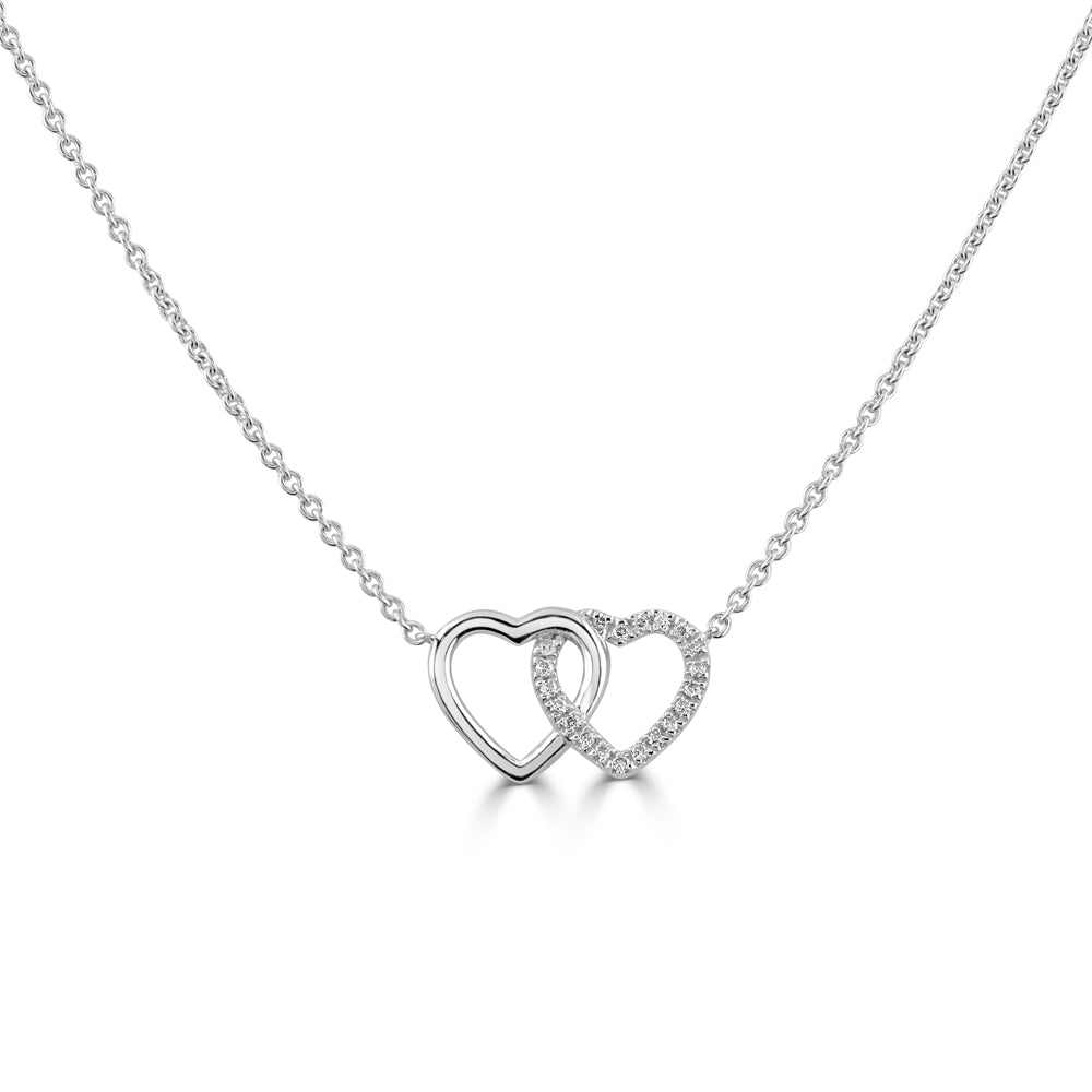 18ct White Gold Diamond Set Interlocking Heart Pendant & Chain