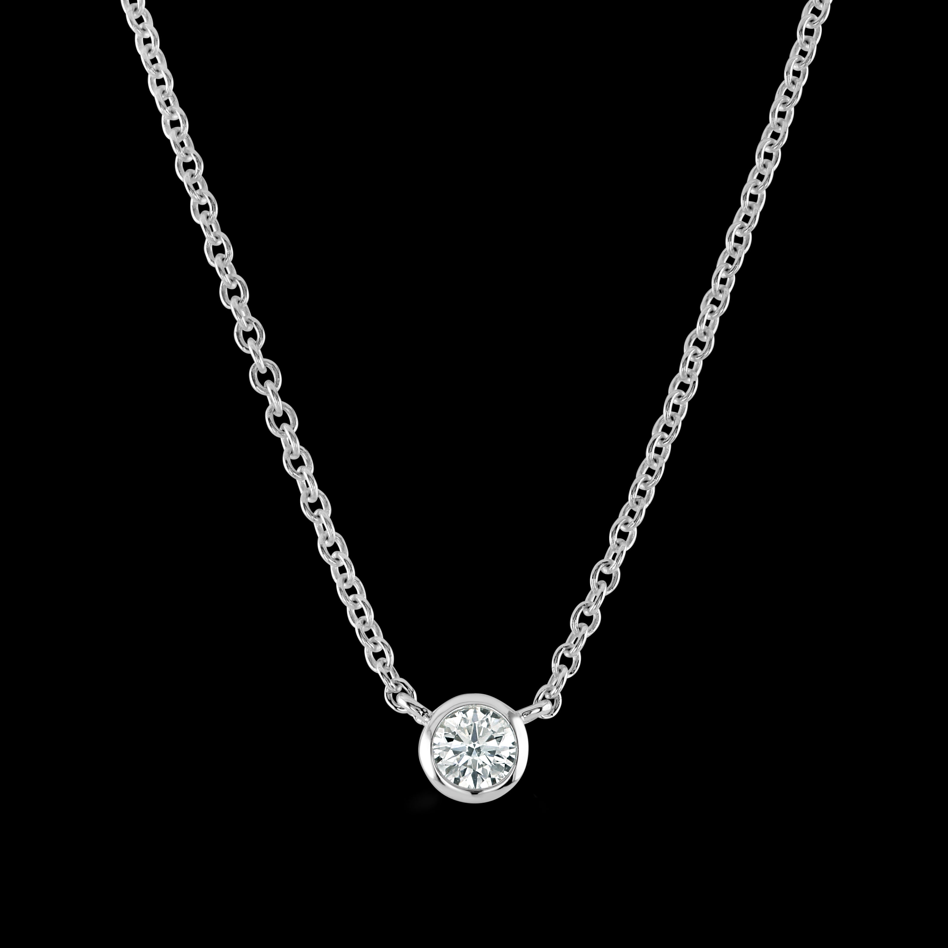 18ct White Gold Rubover Set 0.10ct Round Brilliant Cut Diamond Pendant & Chain