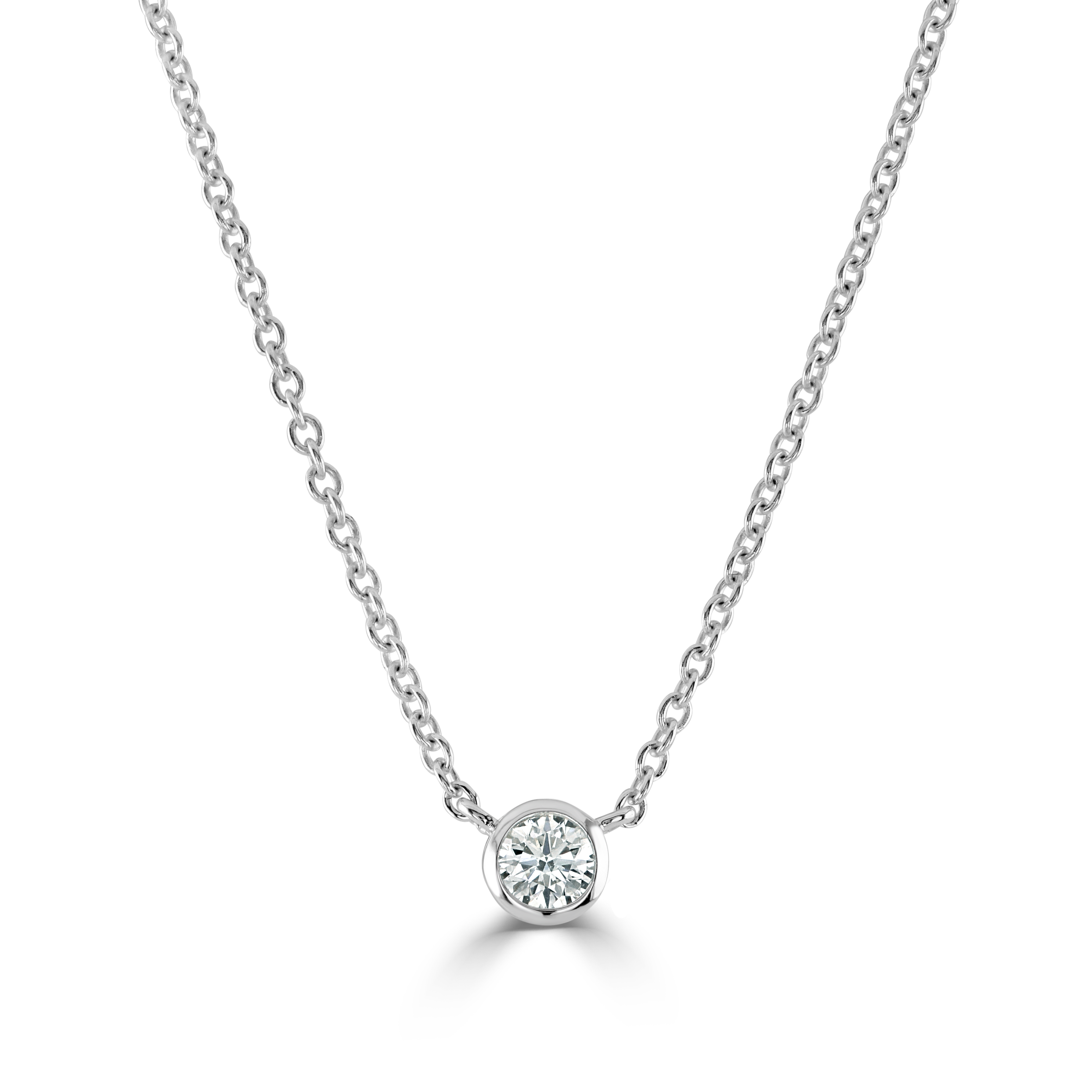18ct White Gold Rubover Set 0.10ct Round Brilliant Cut Diamond Pendant & Chain
