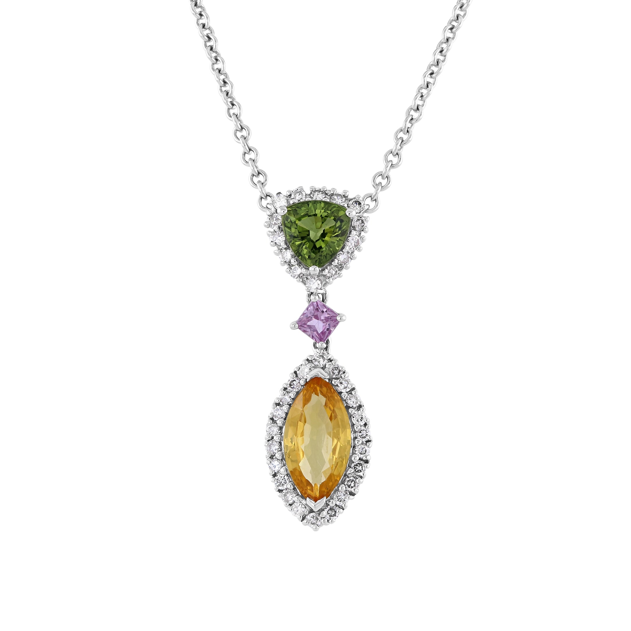 18ct White Gold Multi-Coloured Fancy Sapphire & Diamond Pendant & Chain