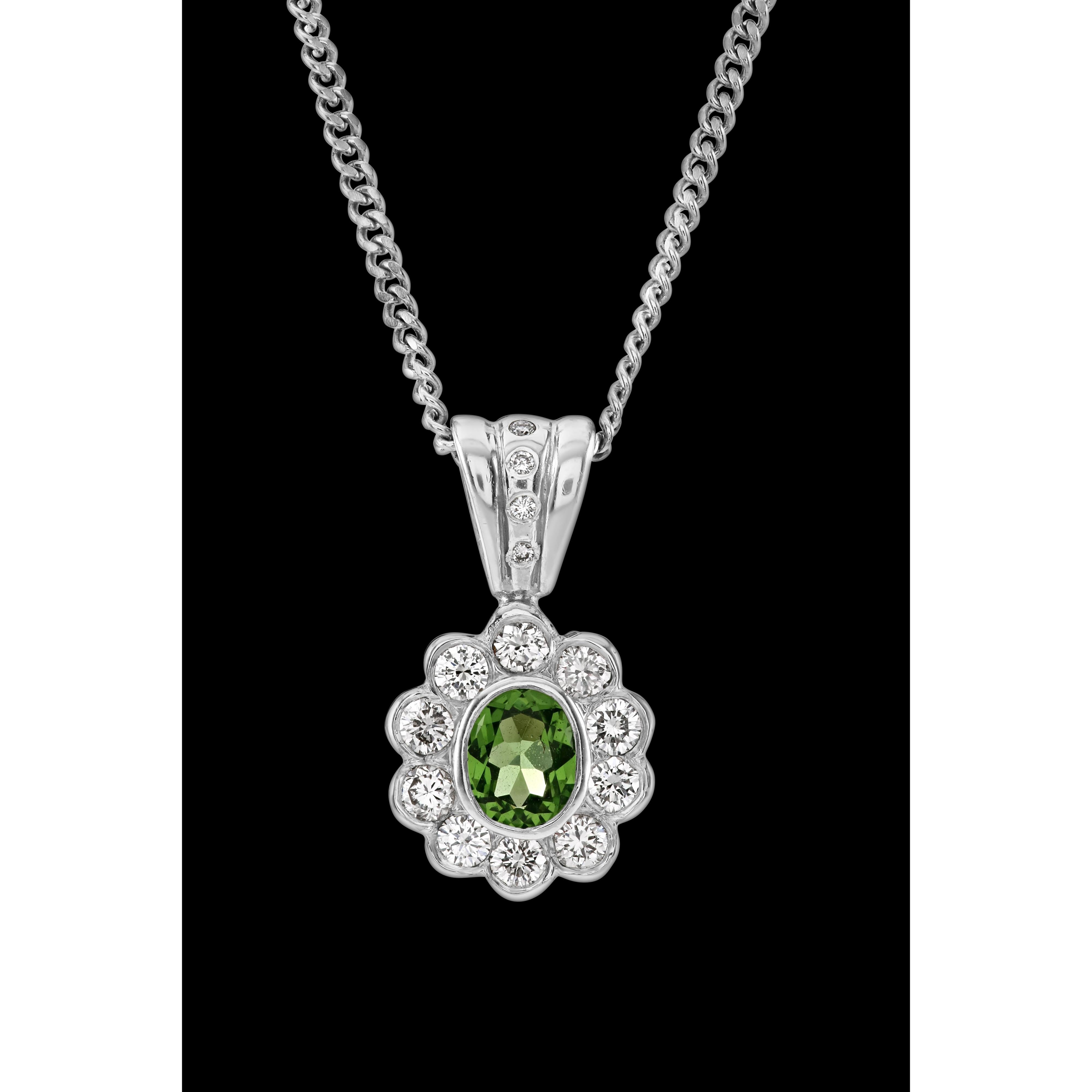 18ct White Gold Oval Cut Tsavorite & Diamond Cluster Pendant & Chain