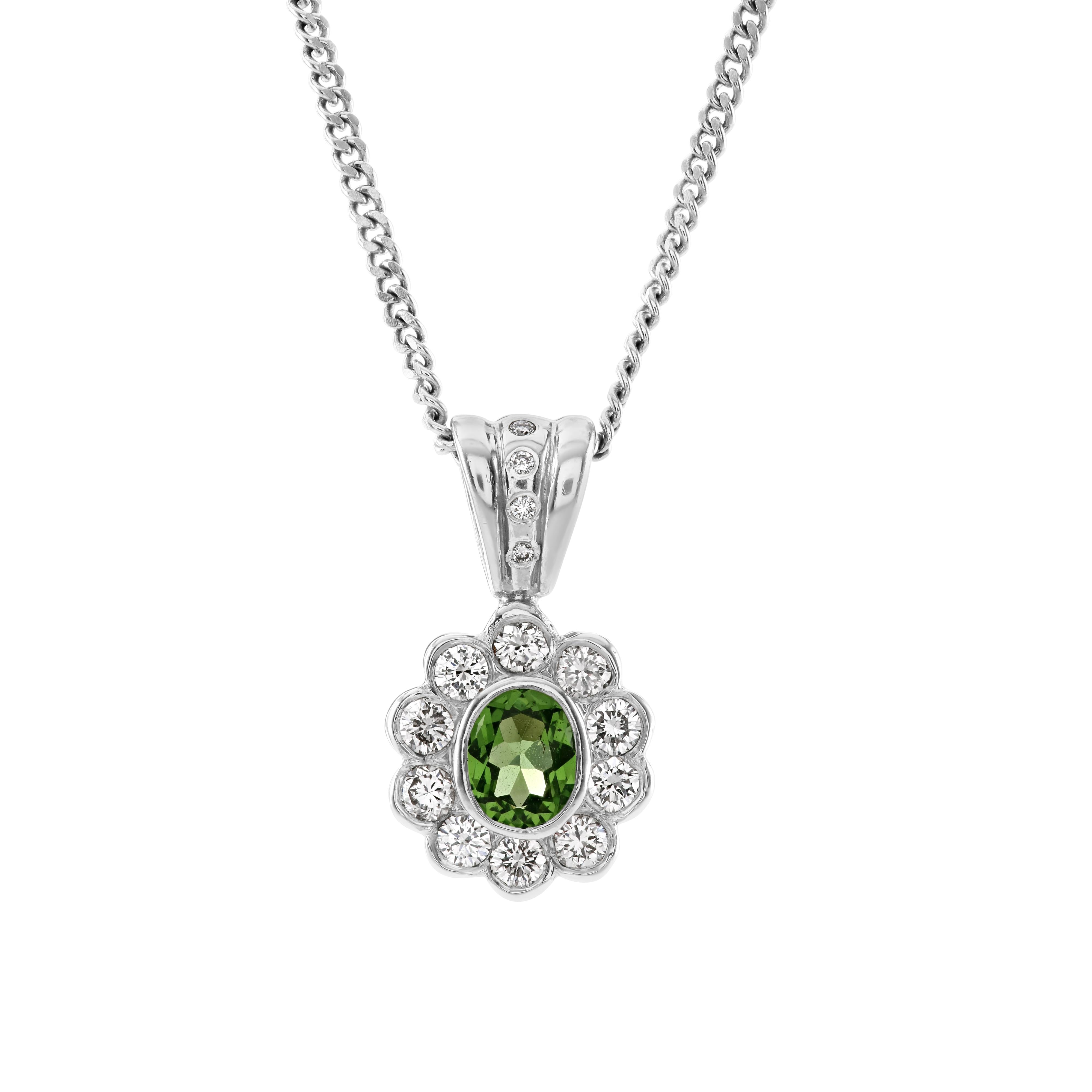 18ct White Gold Oval Cut Tsavorite & Diamond Cluster Pendant & Chain