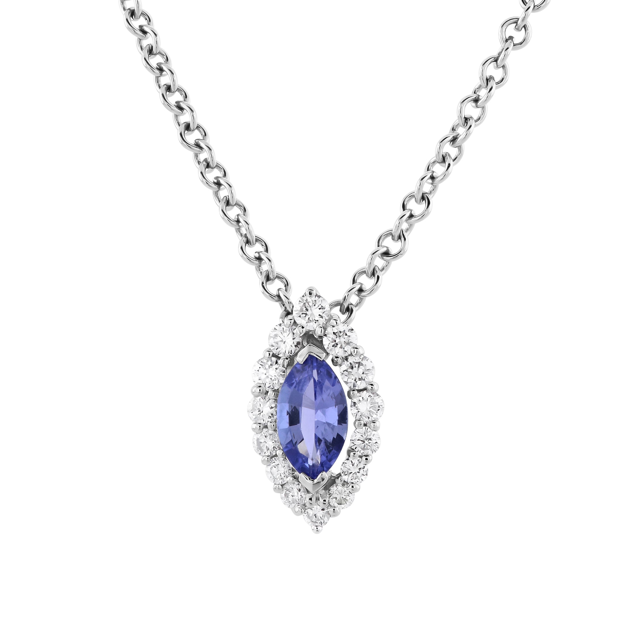 18ct White Gold Marquise Cut Tanzanite & Diamond Halo Cluster Pendant & Chain