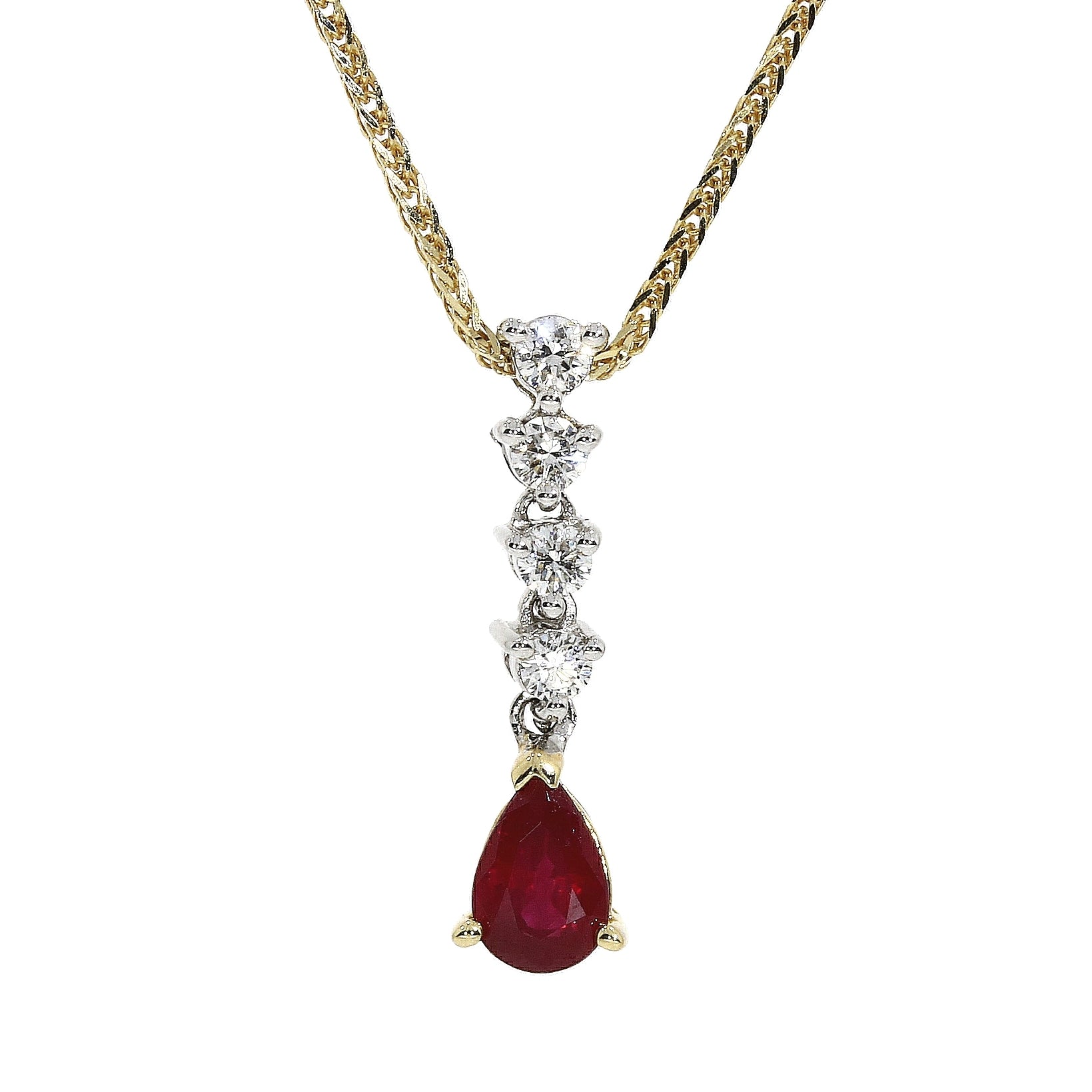 18ct Yellow and White Gold Teardrop Ruby and Diamond Pendant and Chain
