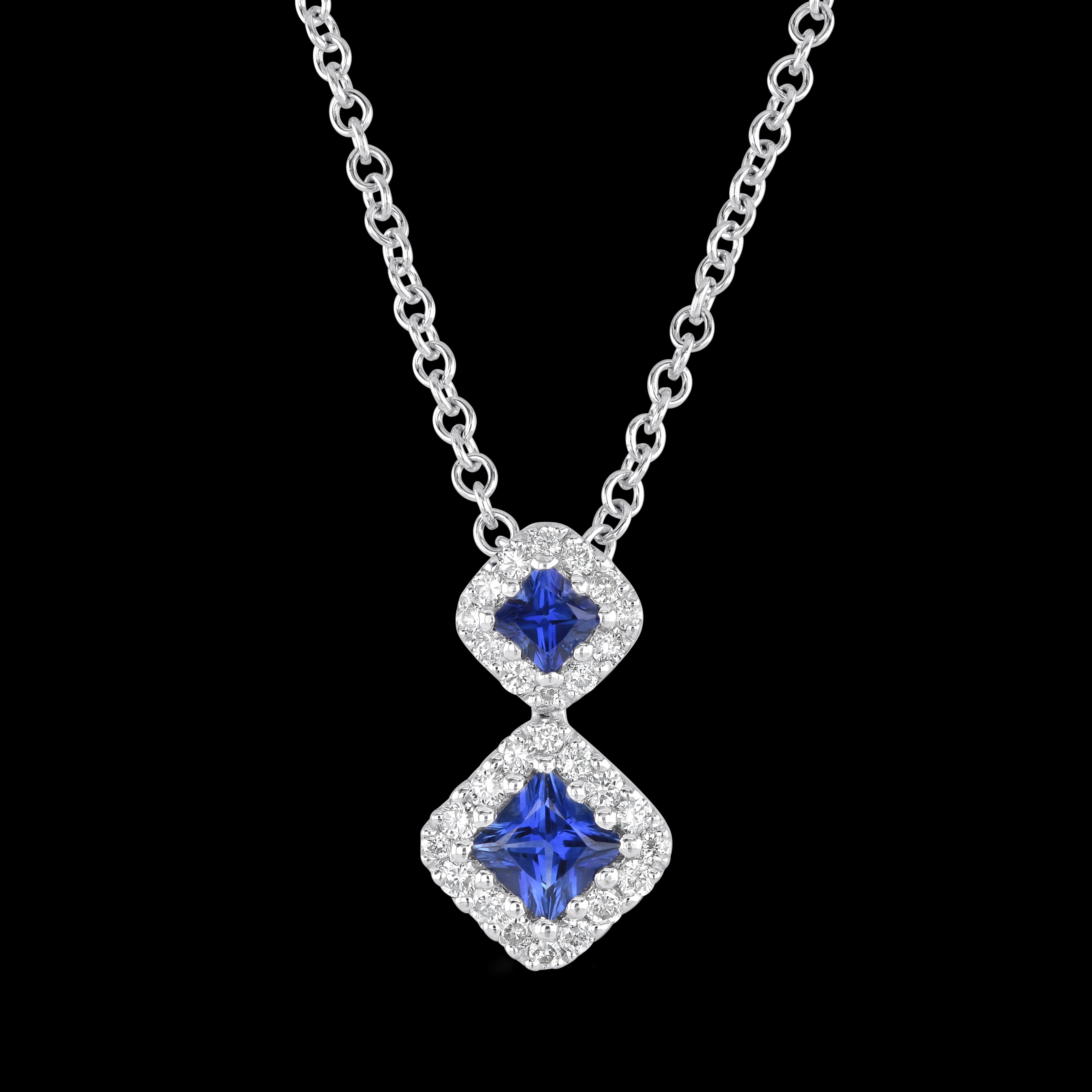 18ct White Gold Square Cut Sapphire & Diamond Halo Double Drop Pendant