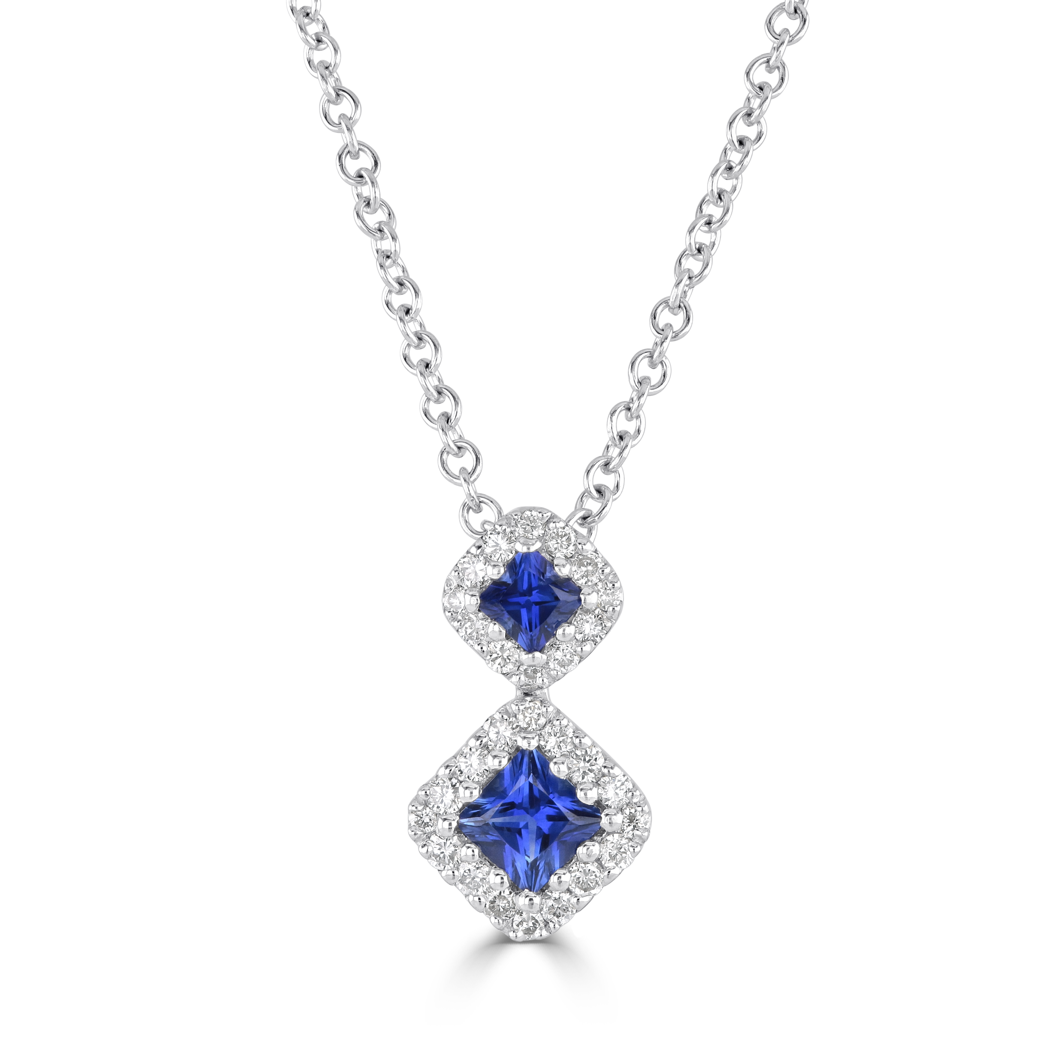 18ct White Gold Square Cut Sapphire & Diamond Halo Double Drop Pendant