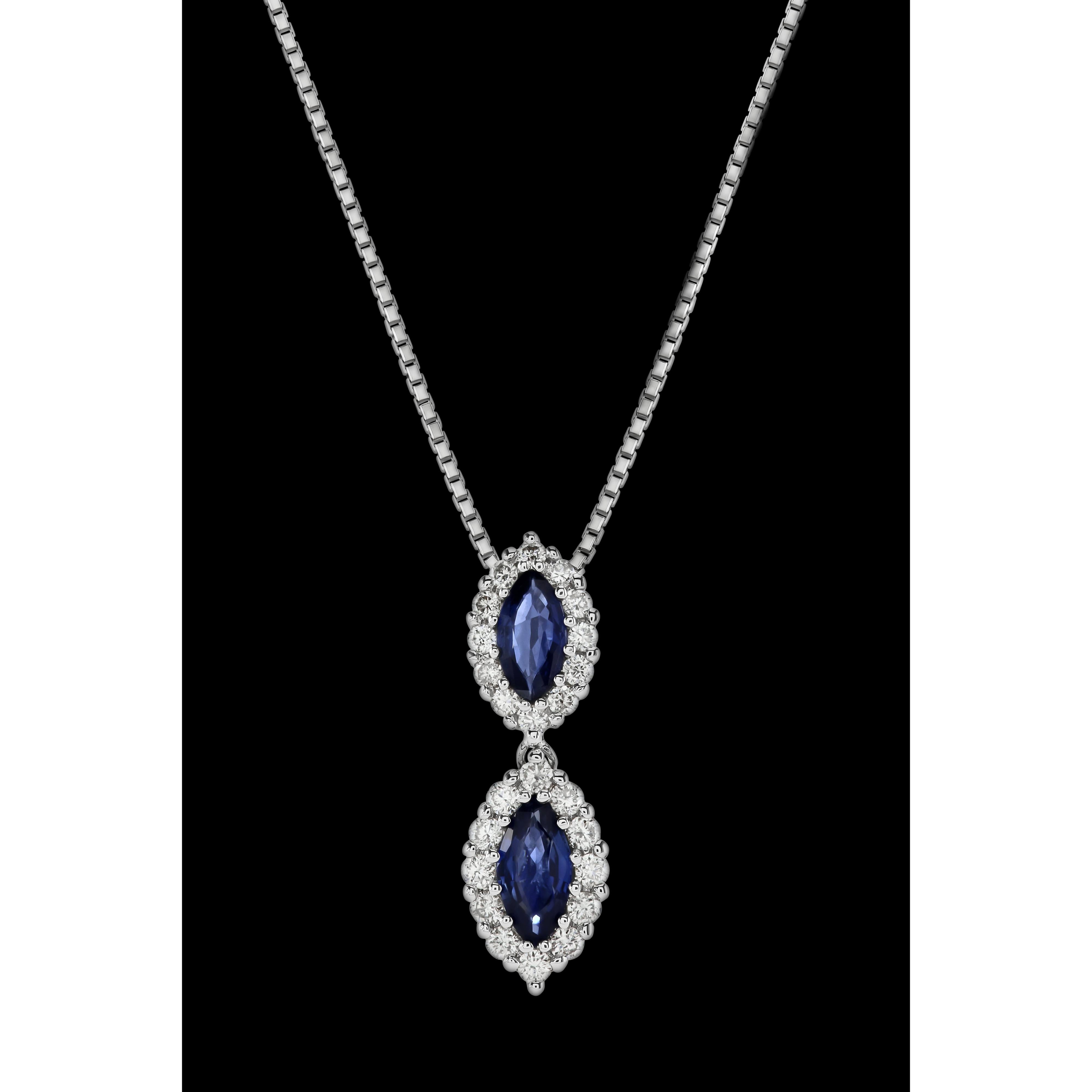 18ct White Gold Marquise Cut Sapphire & Diamond Halo Cluster Drop Pendant