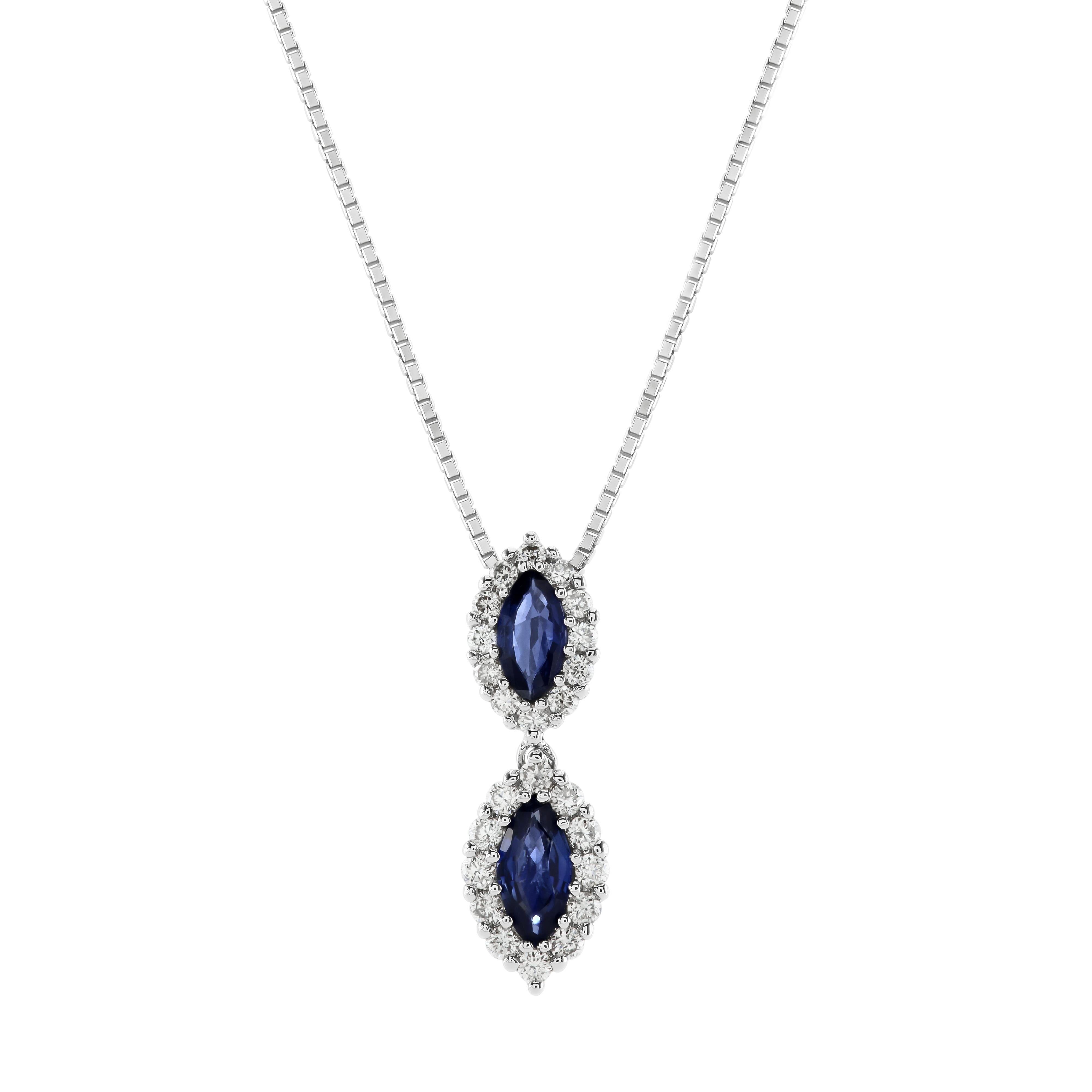 18ct White Gold Marquise Cut Sapphire & Diamond Halo Cluster Drop Pendant