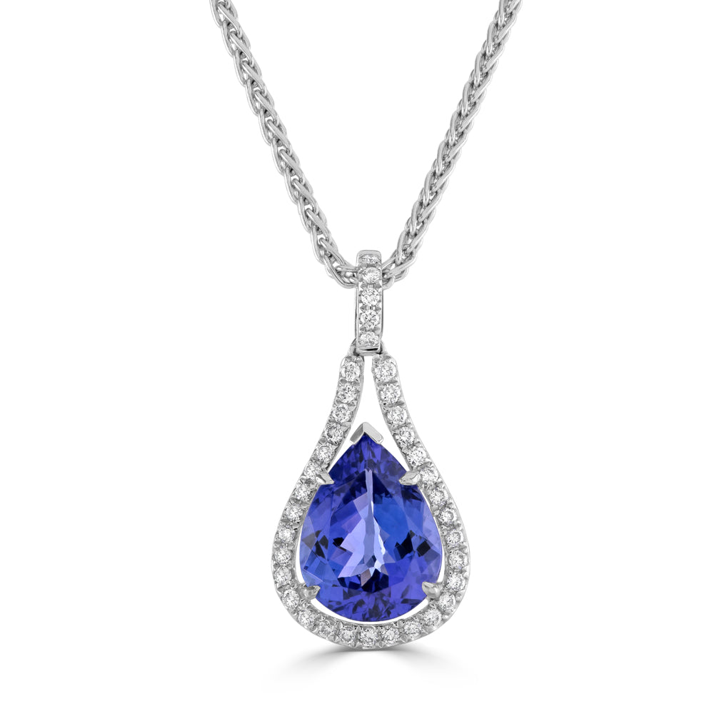 18ct White Gold Pear Cut Tanzanite & Diamond Cluster Pendant