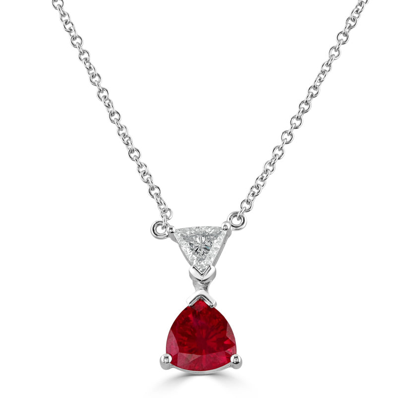 18ct White Gold Trilliant Cut Ruby & Diamond Pendant & Chain
