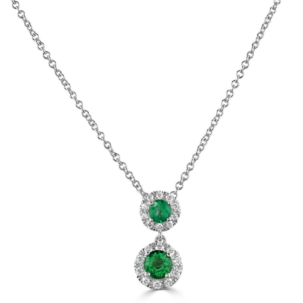 18ct White Gold Round Cut Emerald & Diamond Double Halo Cluster Drop Pendant