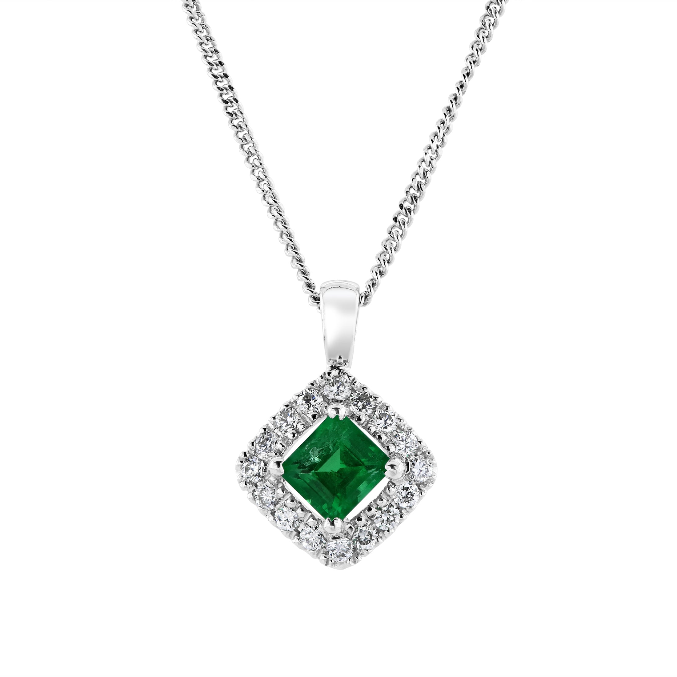 18ct White Gold Square Cut Emerald & Diamond Halo Cluster Pendant & Chain