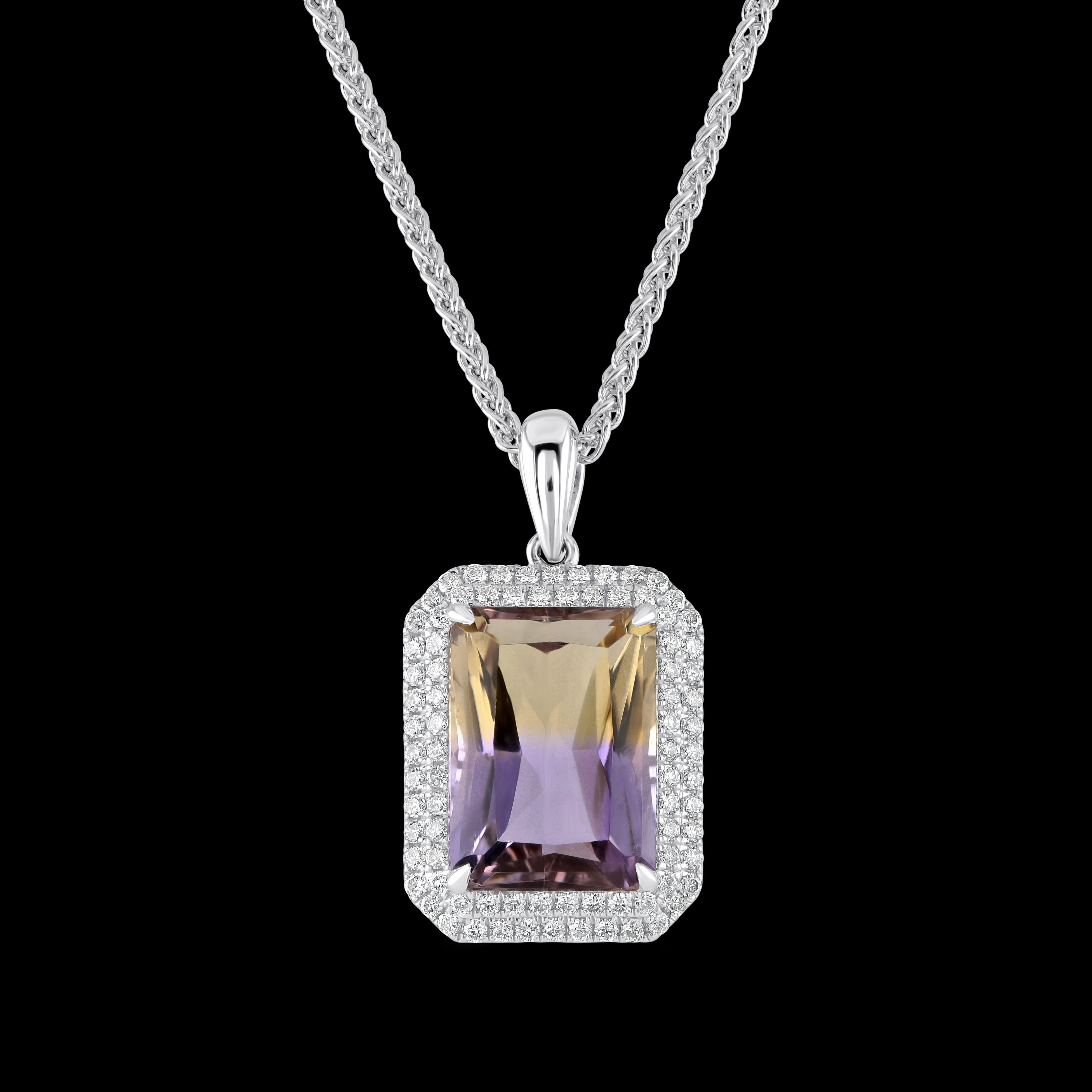 18ct White Gold Rectangular Cut Ametrine & Diamond Double Halo Cluster Pendant