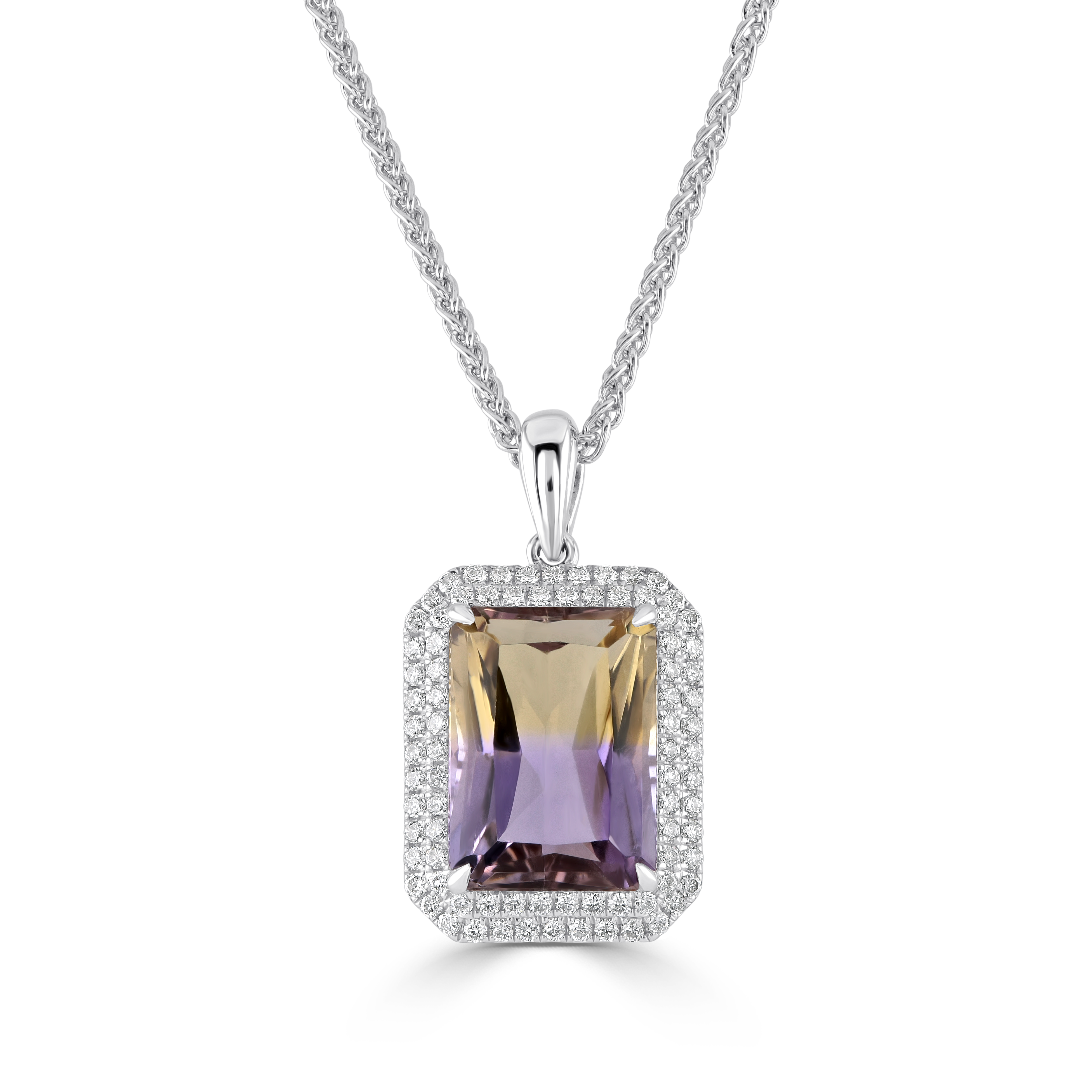18ct White Gold Rectangular Cut Ametrine & Diamond Double Halo Cluster Pendant